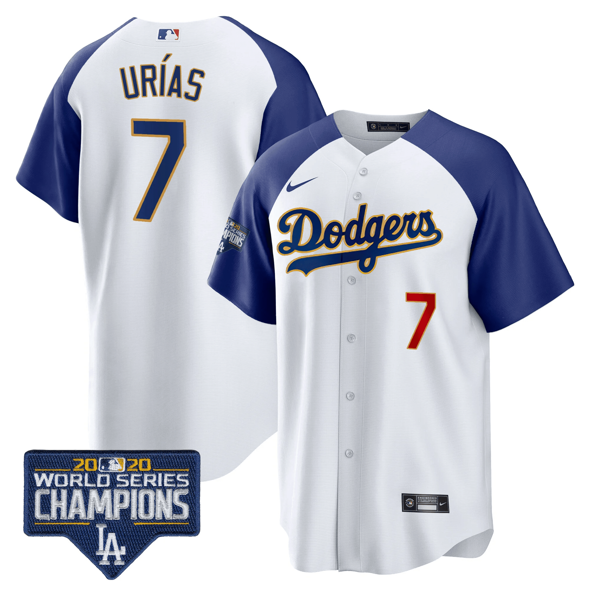 Men's Julio UrÃŒas Los Angeles Dodgers World Series Champions Patch Cool Base Gold Trim Alternate White Jersey - All Stitched