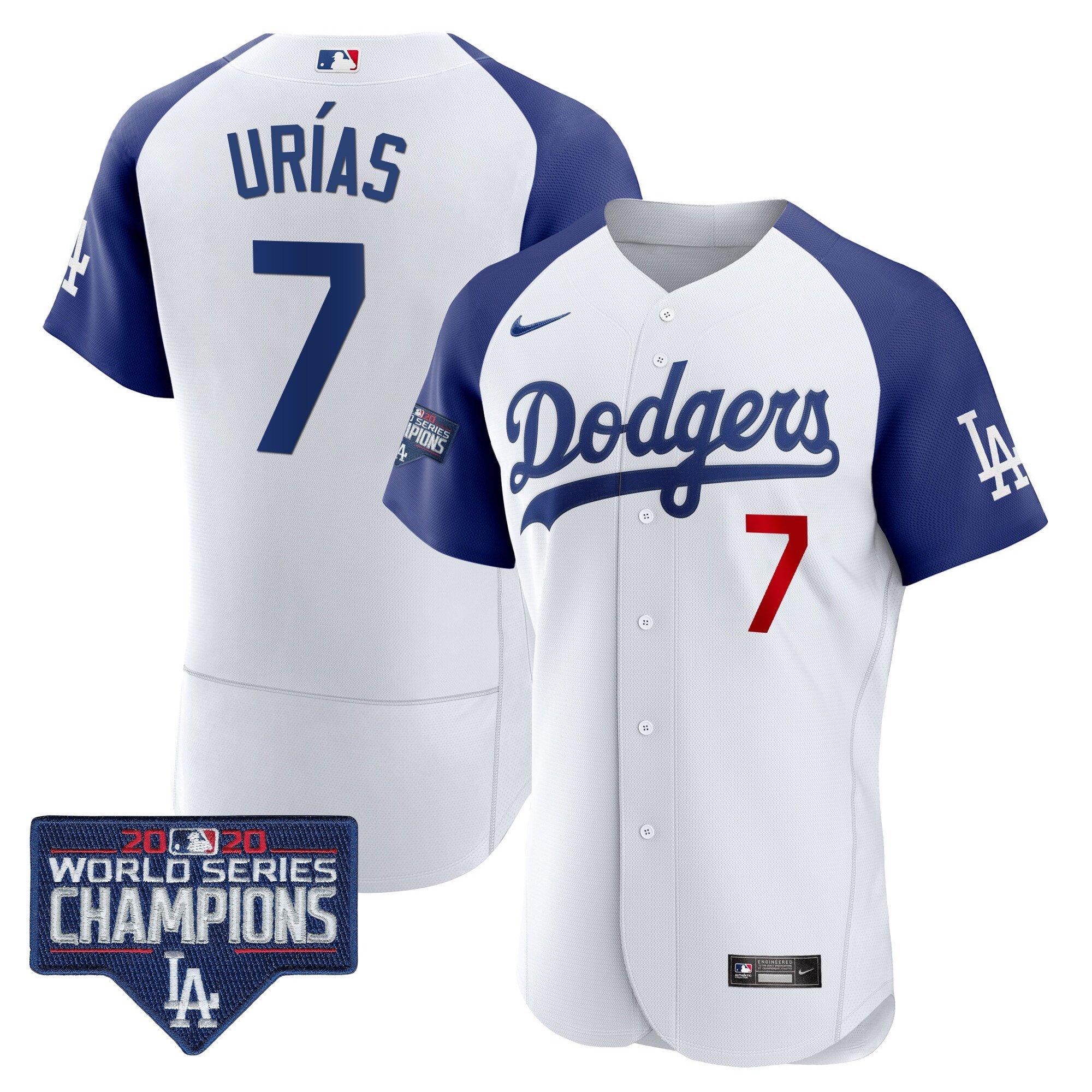 Men's Julio UrÃŒas Los Angeles Dodgers World Series Champions Patch Flex Base Alternate White Jersey - All Stitched