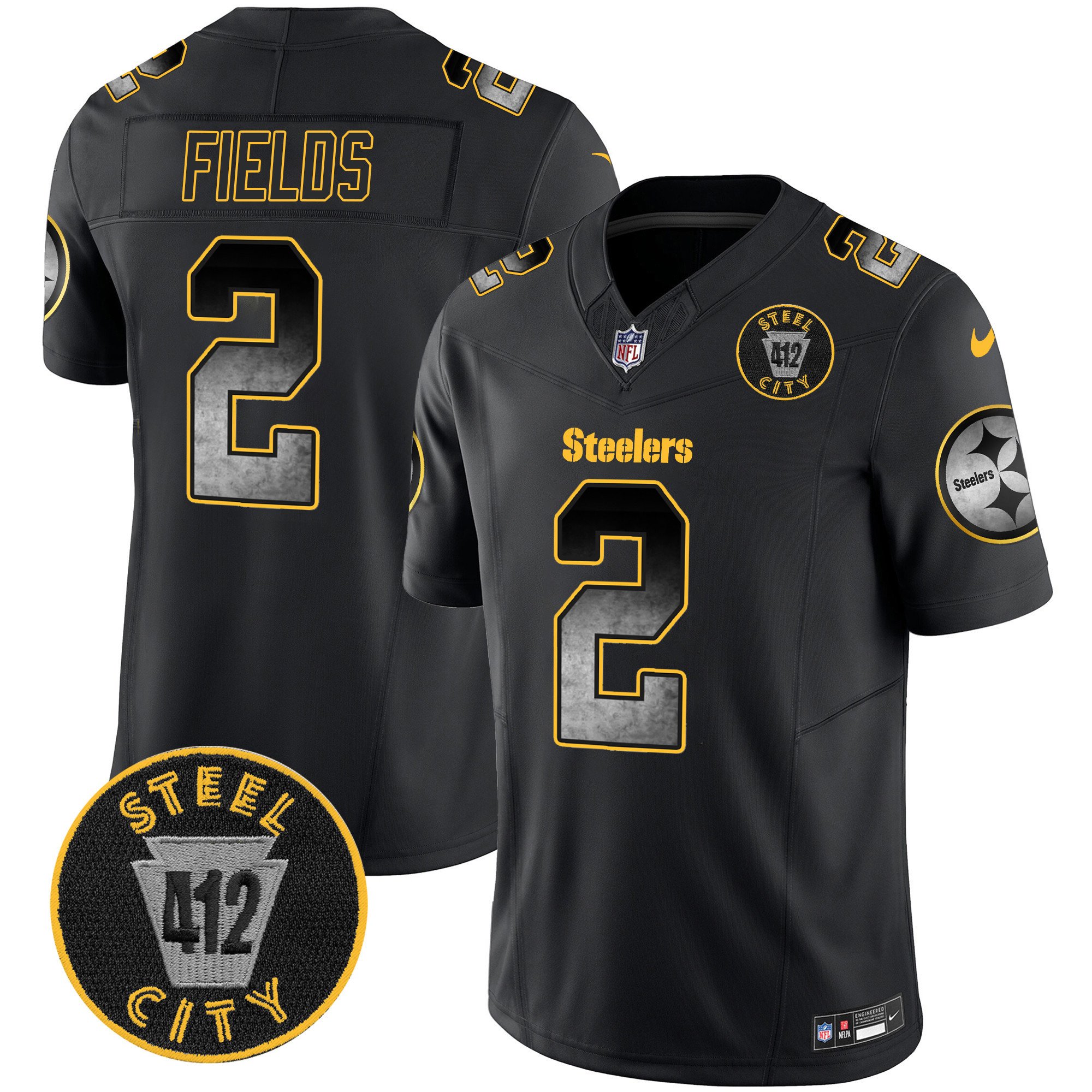 Men's Justin Fields Pittsburgh Steelers Arch Smoke 412 Patch Vapor Limited Black Jersey - All Stitched
