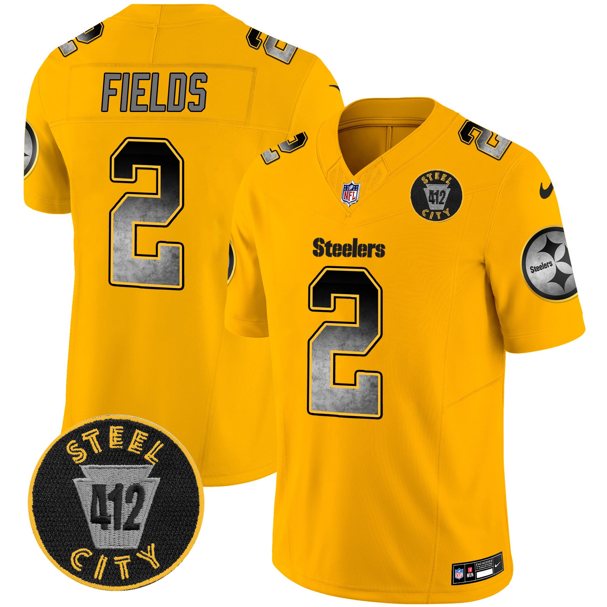 Men's Justin Fields Pittsburgh Steelers Arch Smoke 412 Patch Vapor Limited Gold Jersey - All Stitched