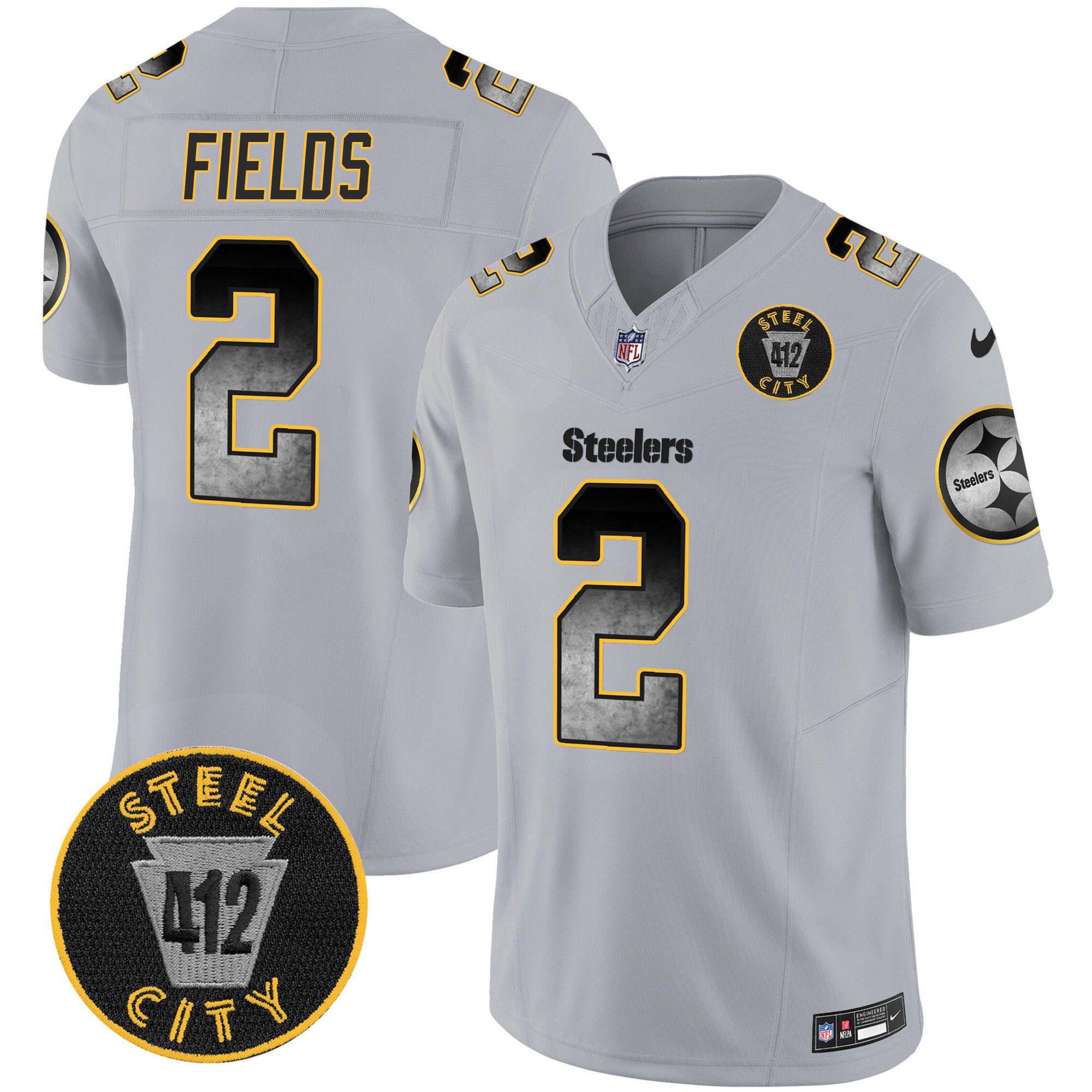 Men's Justin Fields Pittsburgh Steelers Arch Smoke 412 Patch Vapor Limited Gray Jersey - All Stitched