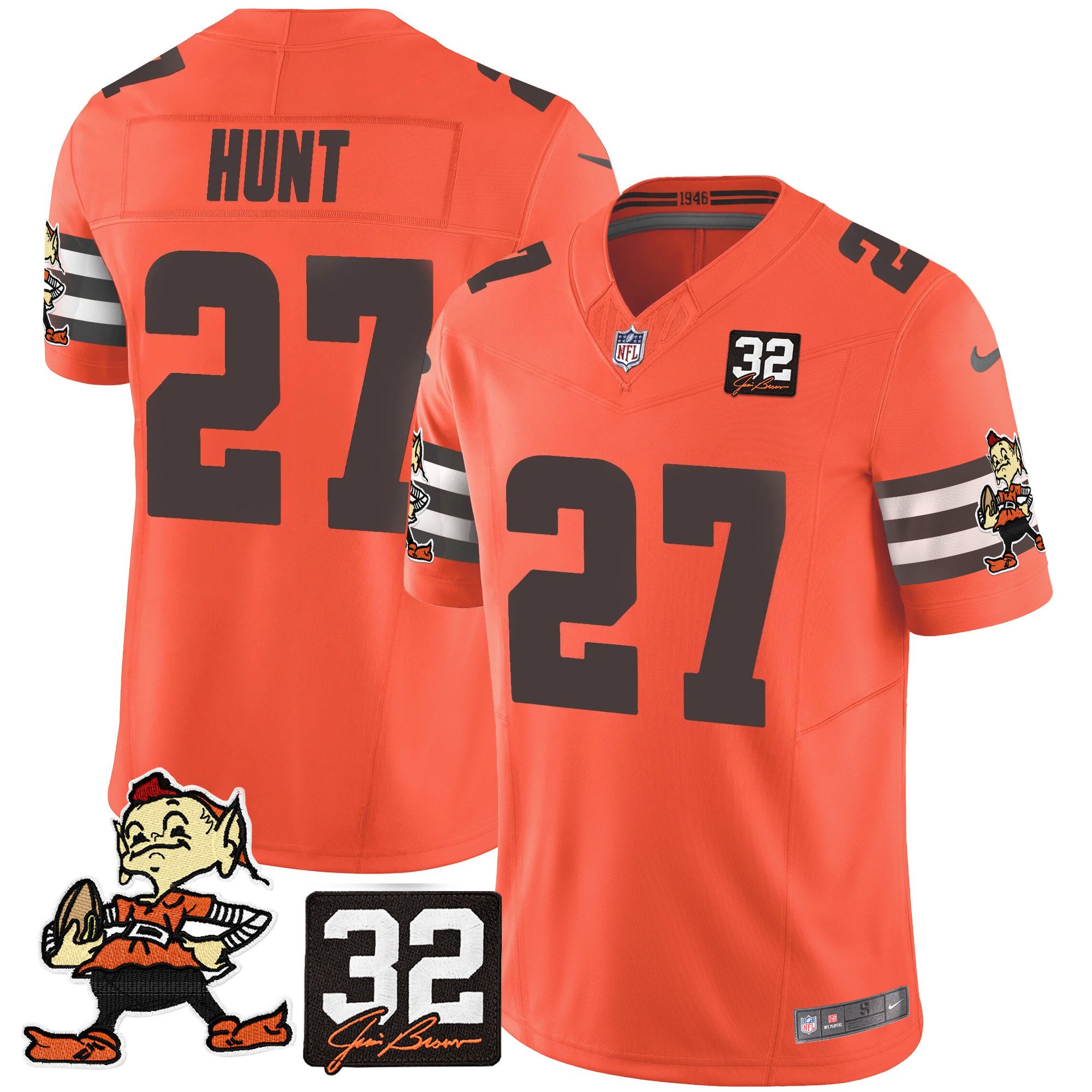 Men's Kareem Hunt Cleveland Browns #32 Jim Brown Memorial Patch Vapor Limited Orange Jersey V2 - All Stitched