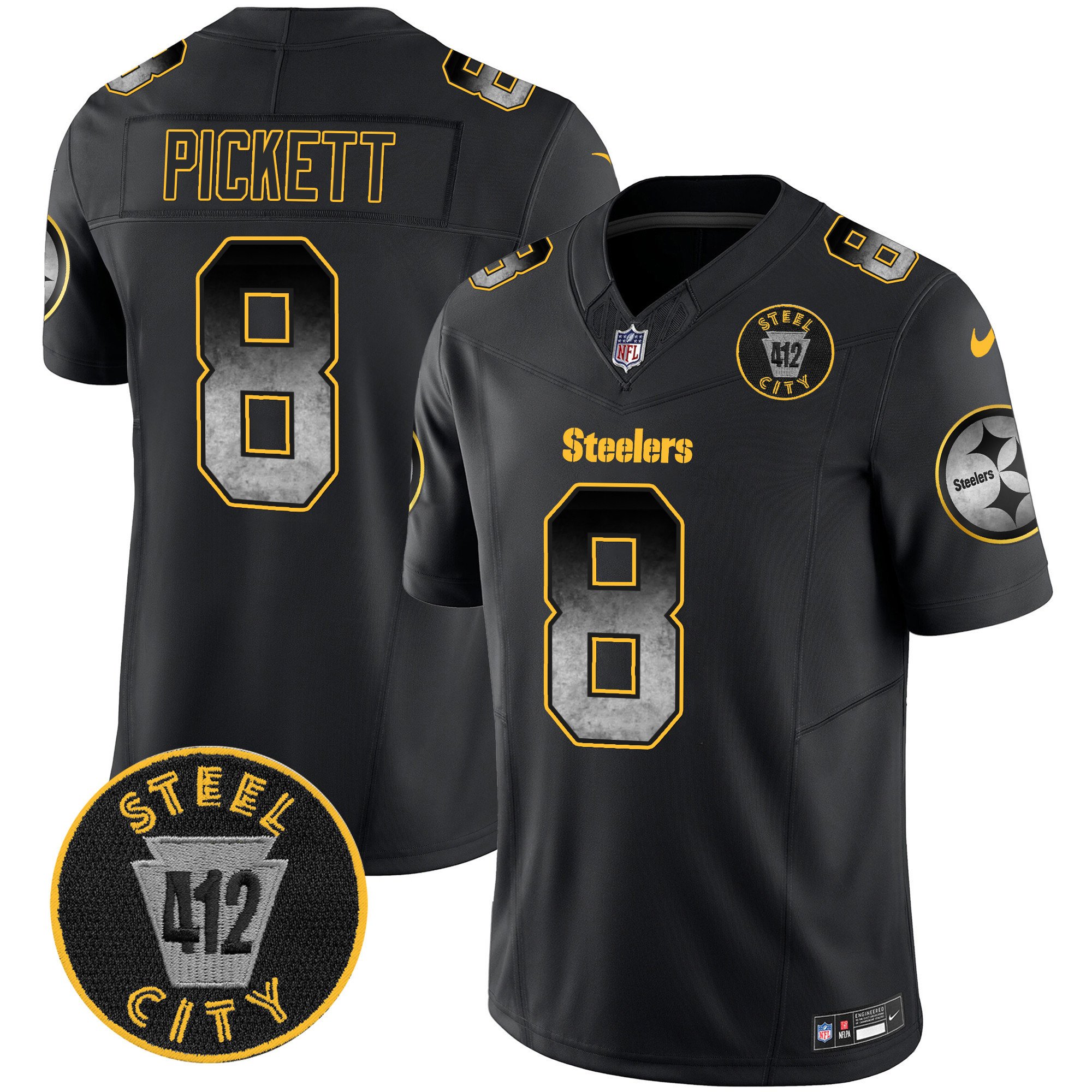 Men's Kenny Pickett Pittsburgh Steelers Arch Smoke 412 Patch Vapor Limited Black Jersey - All Stitched
