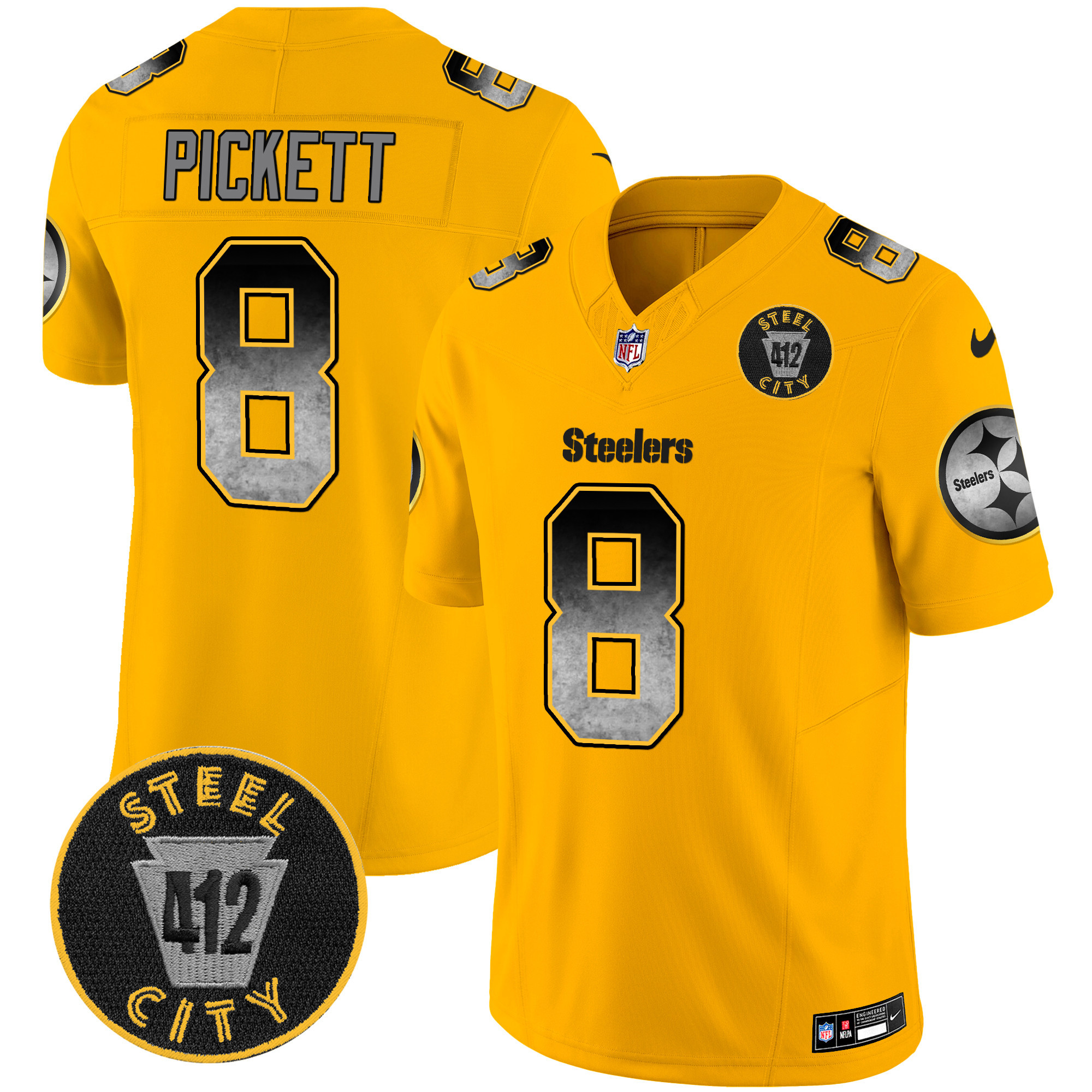 Men's Kenny Pickett Pittsburgh Steelers Arch Smoke 412 Patch Vapor Limited Gold Jersey - All Stitched