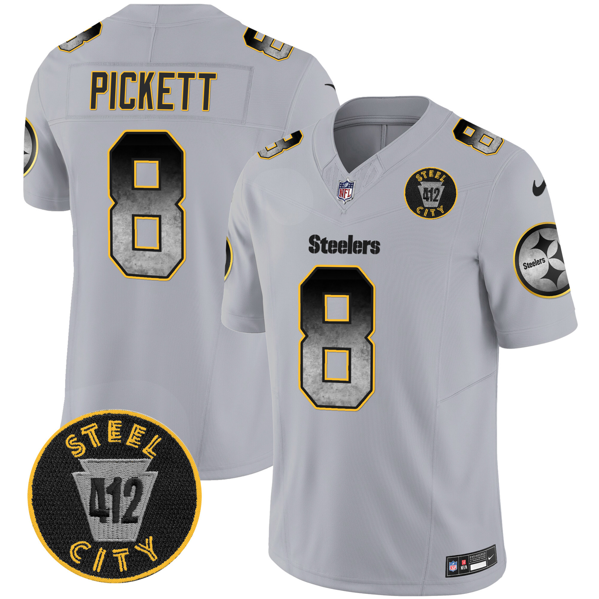 Men's Kenny Pickett Pittsburgh Steelers Arch Smoke 412 Patch Vapor Limited Gray Jersey - All Stitched