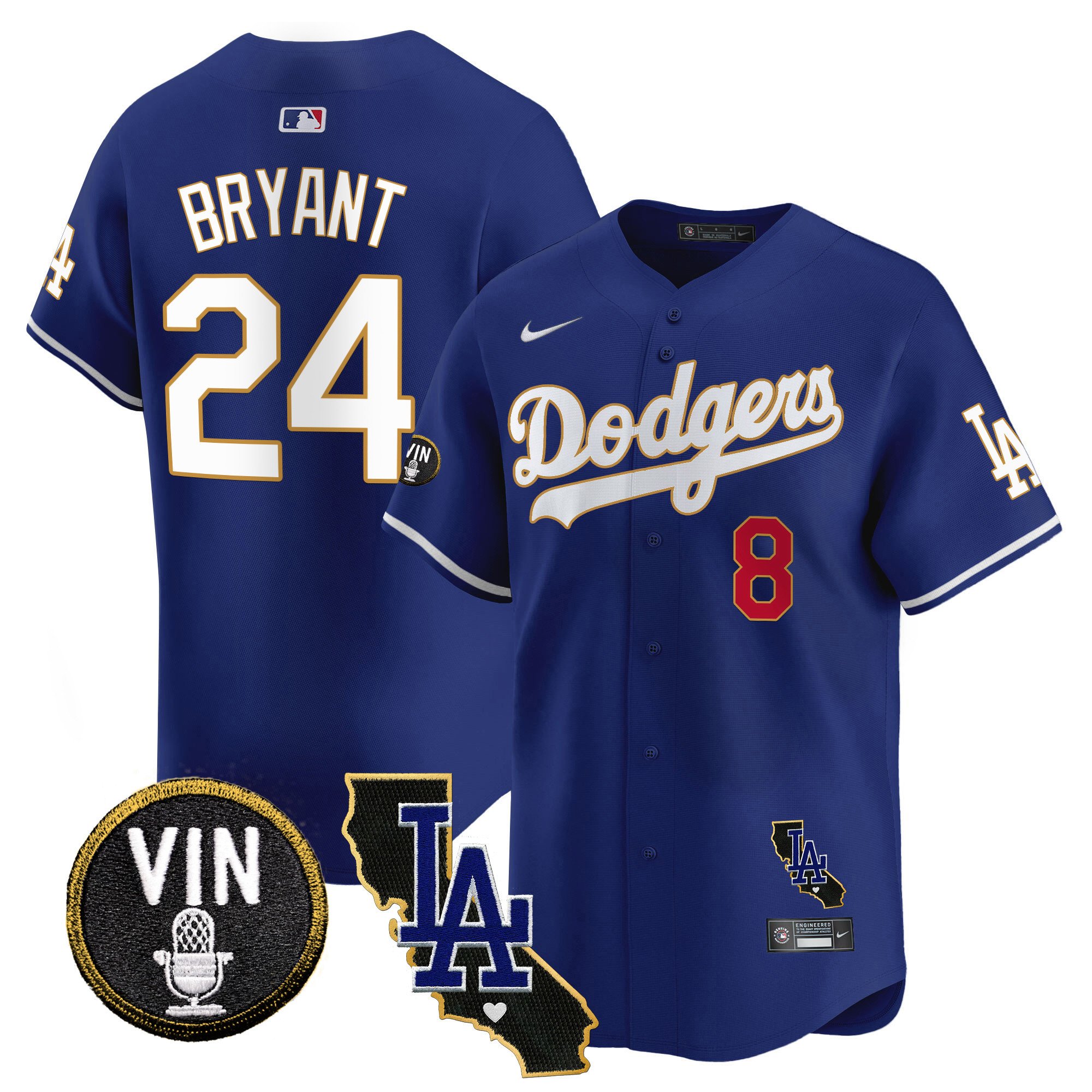 Men's Kobe Bryant Los Angeles Dodgers Vin & California Patch Gold Trim Vapor Premier Limited Royal Jersey - All Stitched