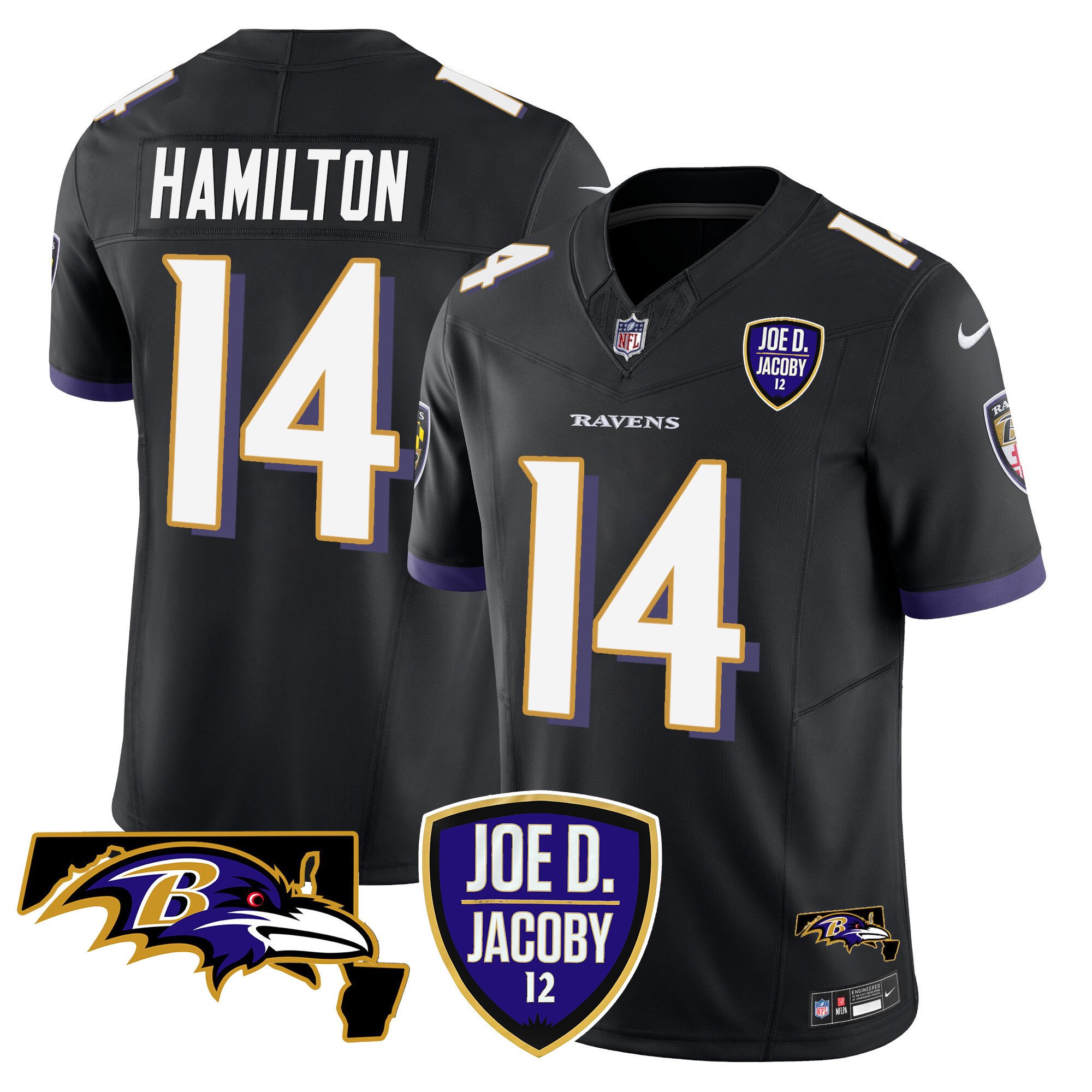 Men's Kyle Hamilton Baltimore Ravens Joe D & Jacoby Patch Vapor Limited Black Jersey - All Stitched