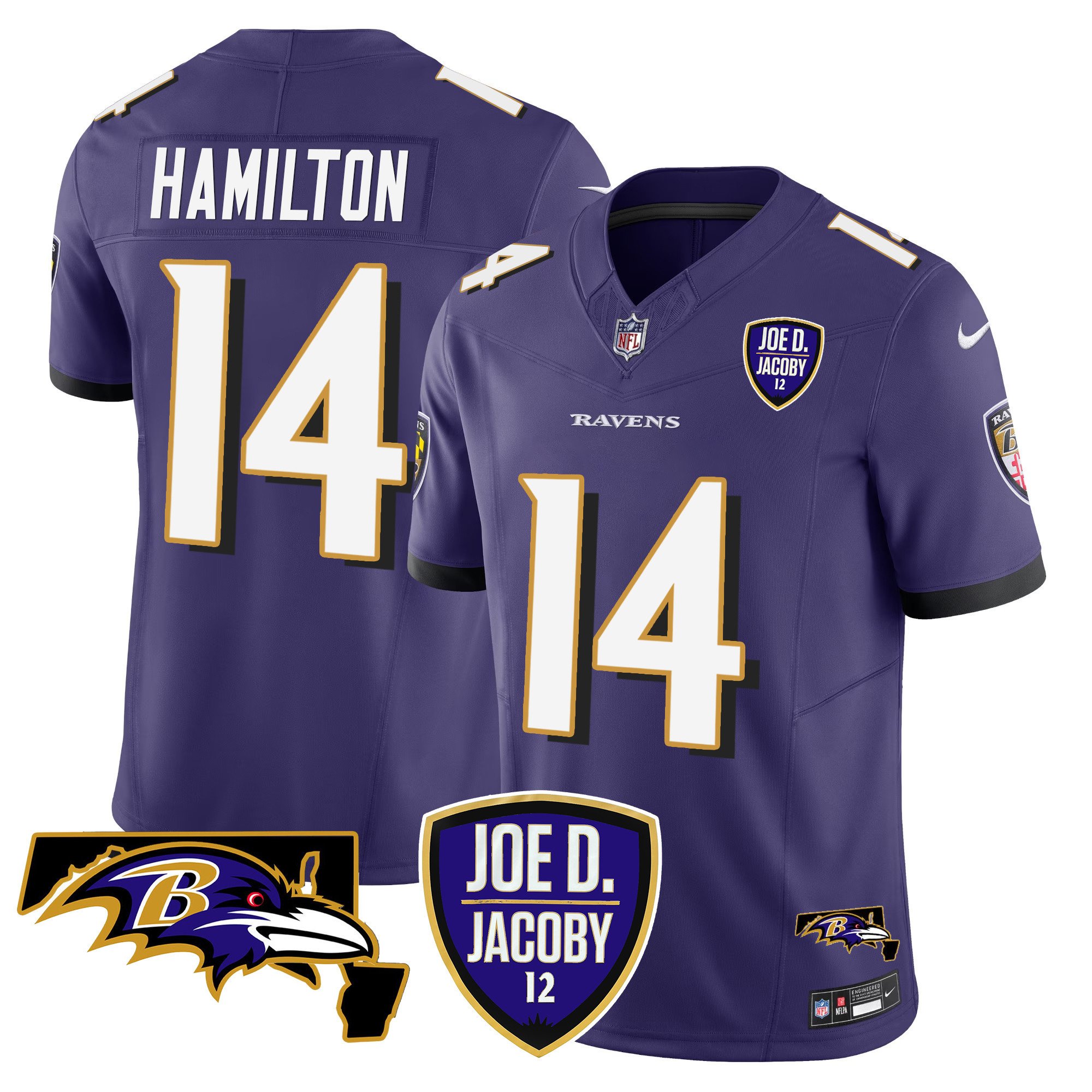 Men's Kyle Hamilton Baltimore Ravens Joe D & Jacoby Patch Vapor Limited Purple Jersey - All Stitched