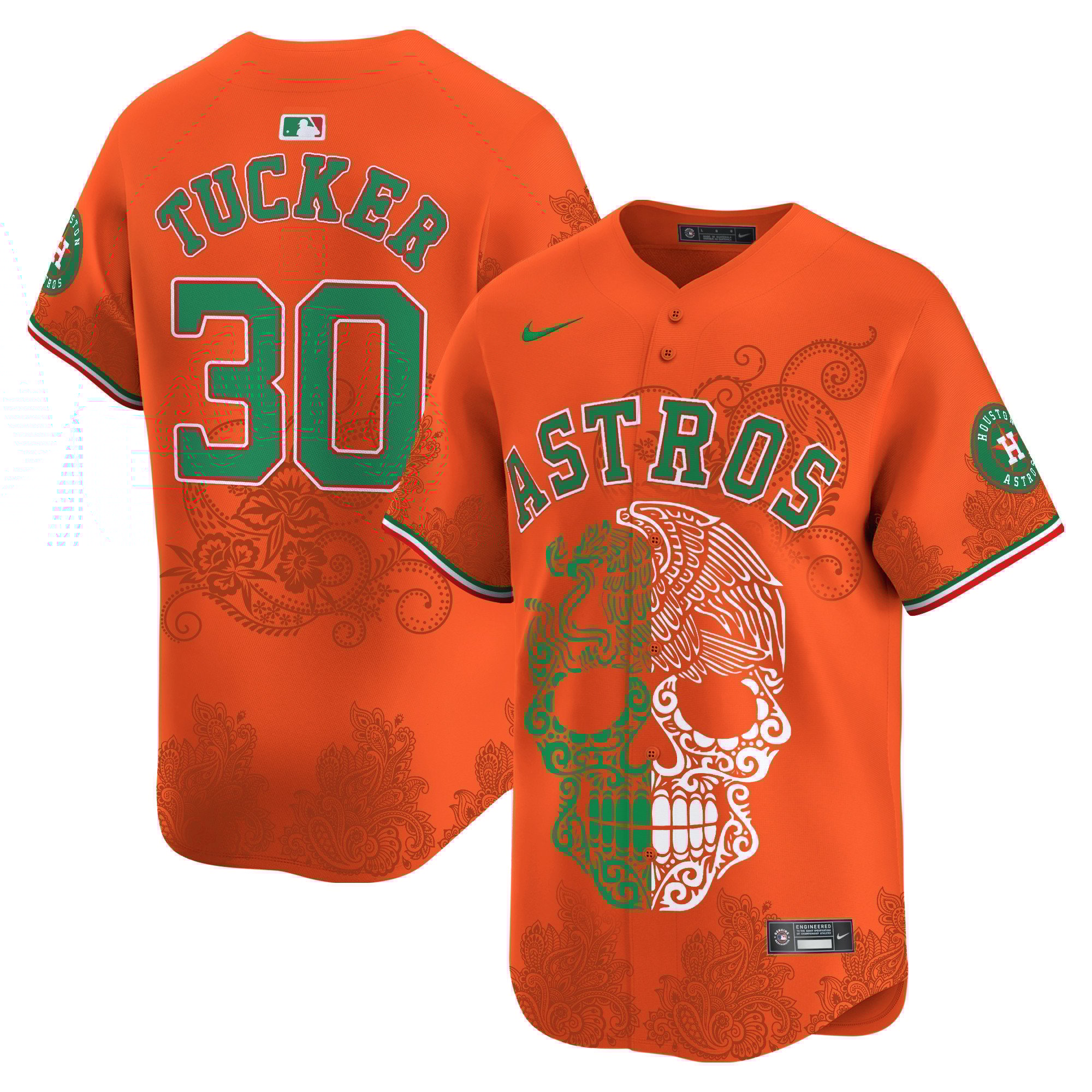 Men's Kyle Tucker Houston Astros Aztec Warrior Skull Vapor Limited Orange Jersey - Printed