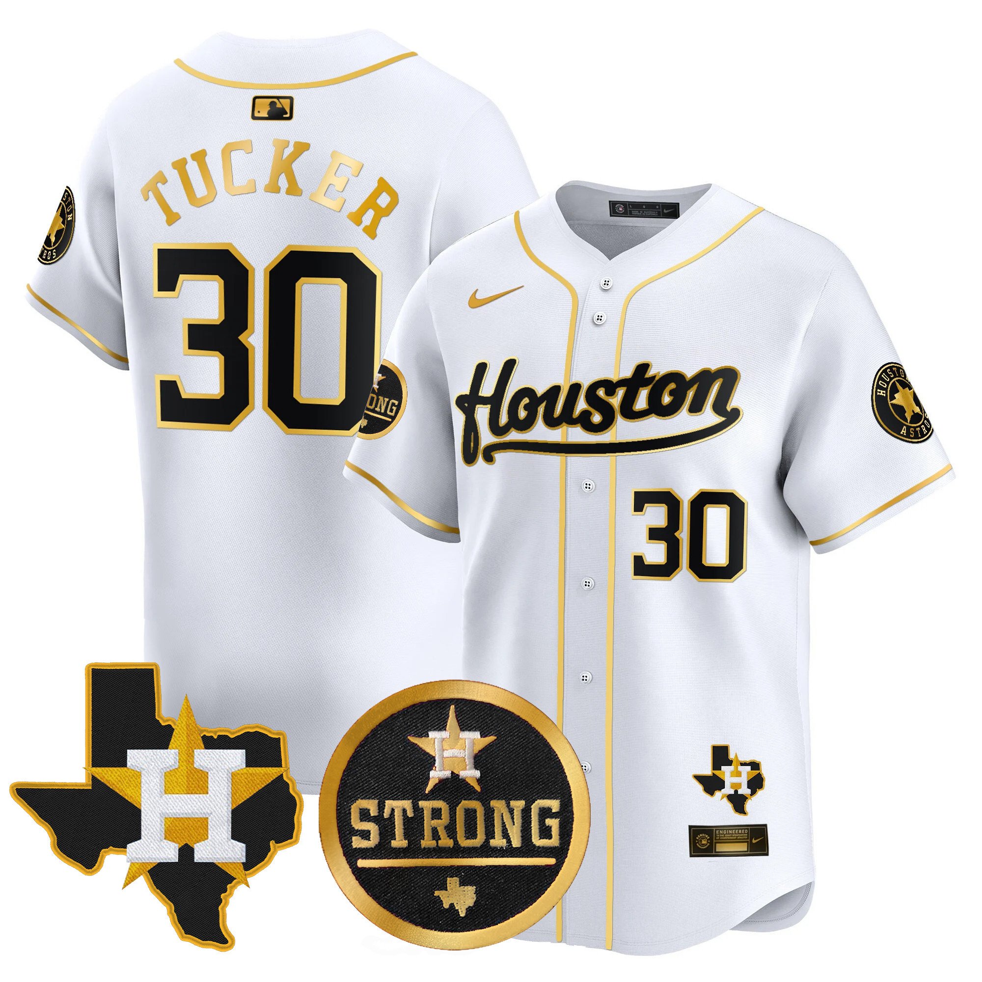 Men's Kyle Tucker Houston Astros "Houston Strong" Patch Vapor Premier Limited White Gold Jersey - All Stitched