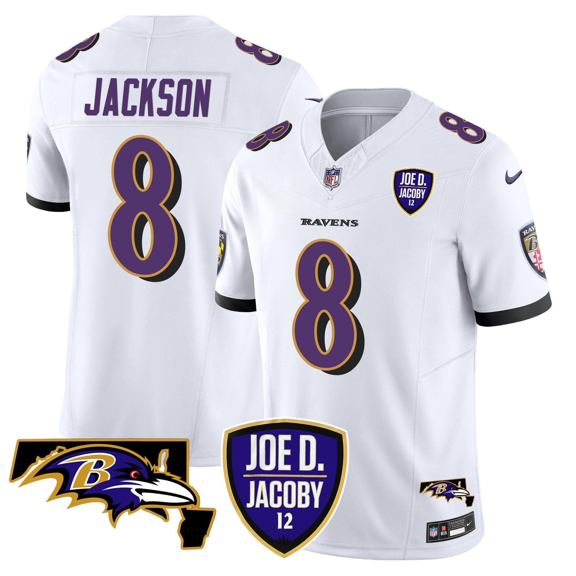 Men's Lamar Jackson Baltimore Ravens Joe D & Jacoby Patch Vapor Limited White Jersey - All Stitched