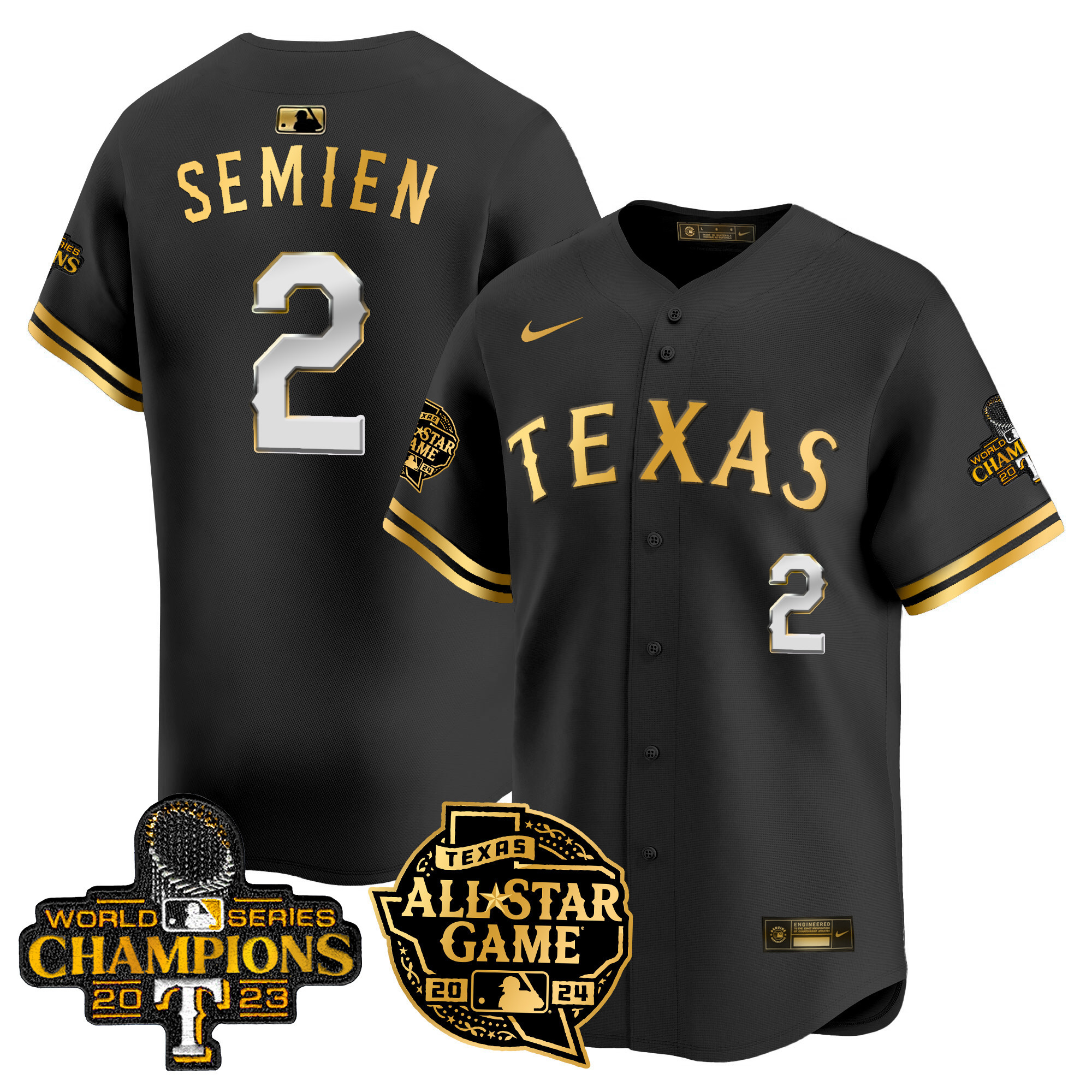 Men's Marcus Semien Texas Rangers 2024 All Star Game Patch Vapor Premier Limited Black Gold Jersey - All Stitched
