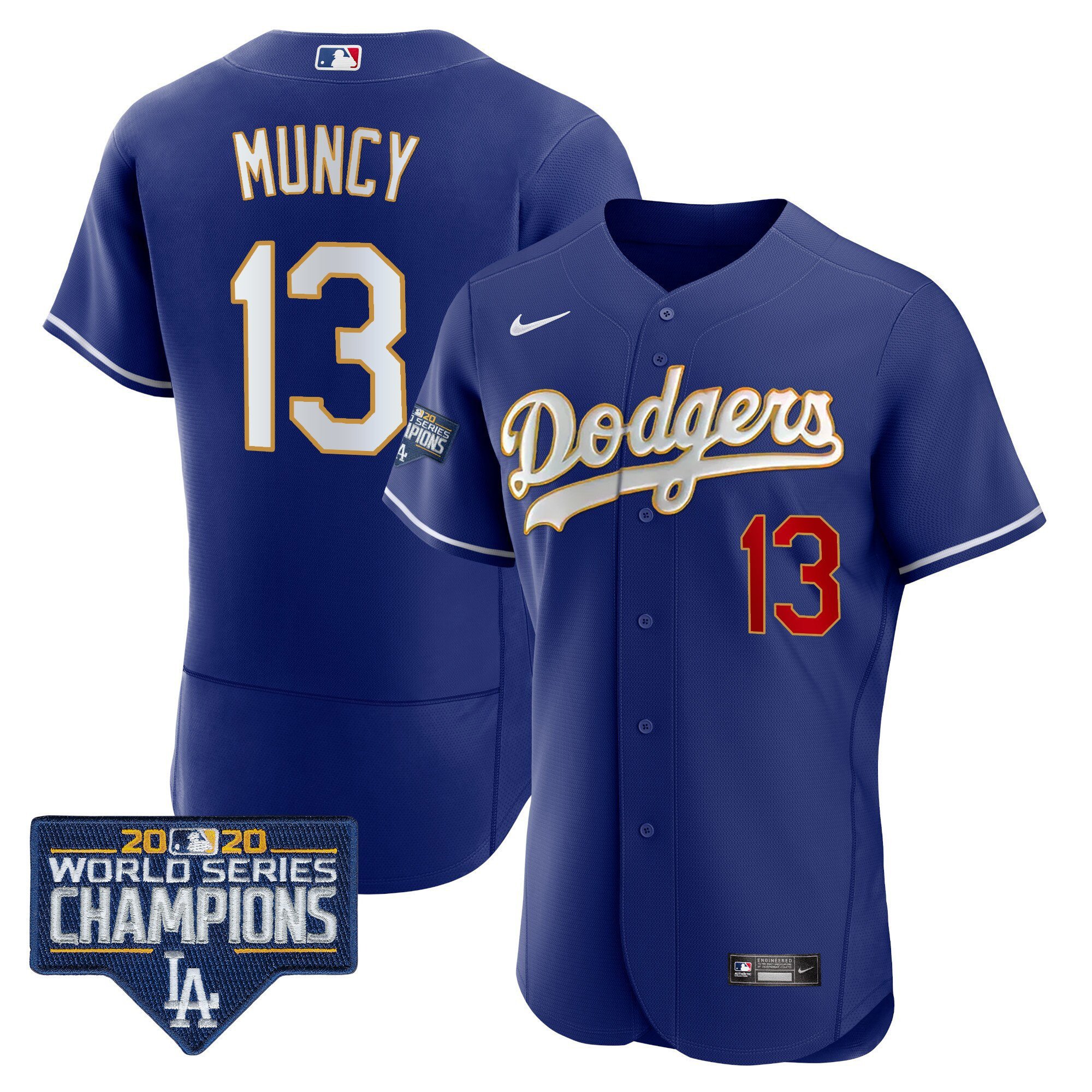 Men's Max Muncy Los Angeles Dodgers World Series Champions Patch Flex Base Gold Trim Royal Jersey - All Stitched
