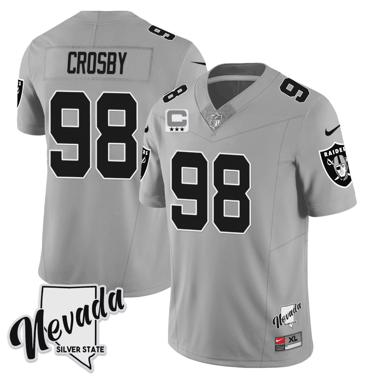 Men's Maxx Crosby Las Vegas Raiders 2023 Nevada Silver State Patch Vapor Silver Jersey â€“ All Stitched