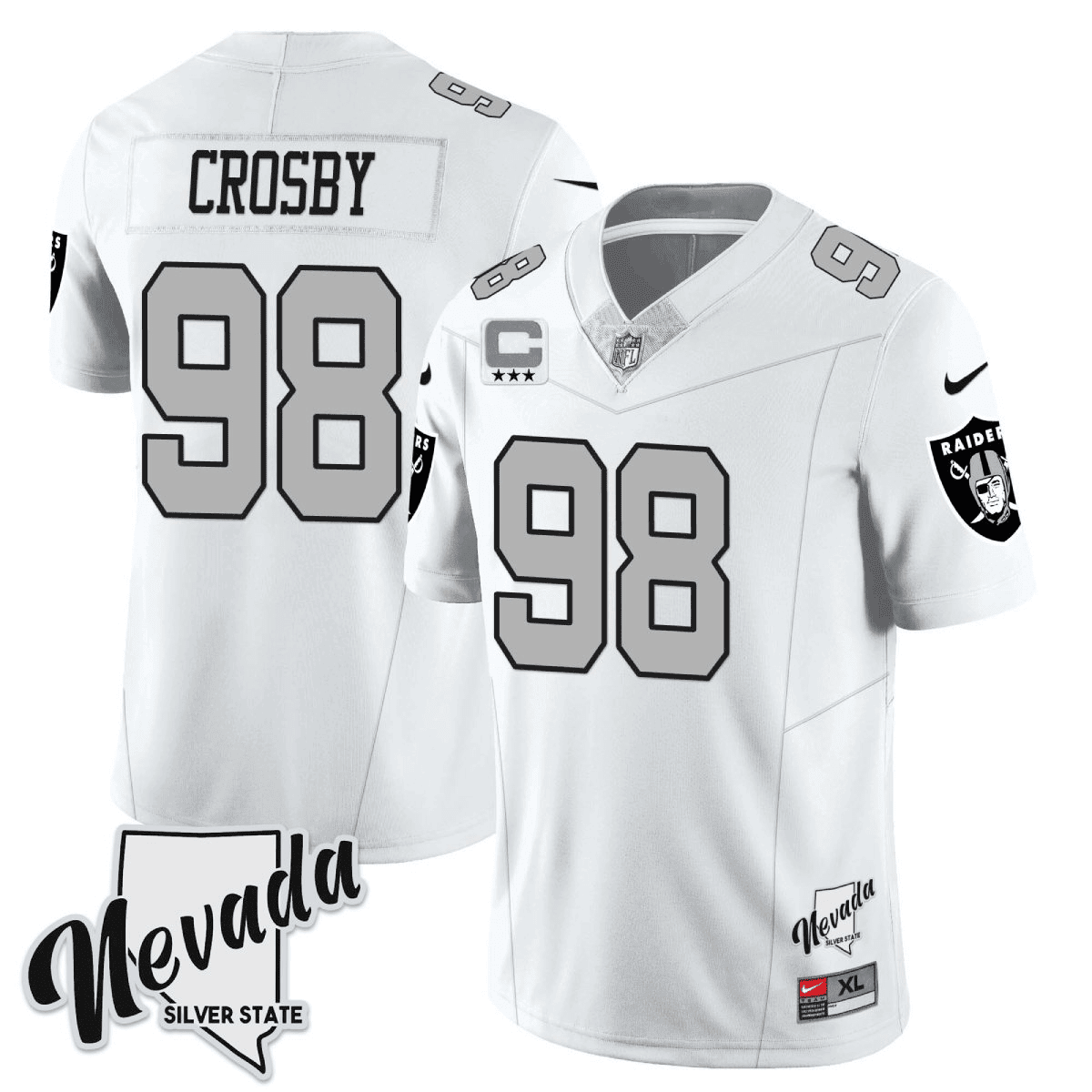 Men's Maxx Crosby Las Vegas Raiders 2023 Nevada Silver State Patch Vapor White Silver Jersey â€“ All Stitched