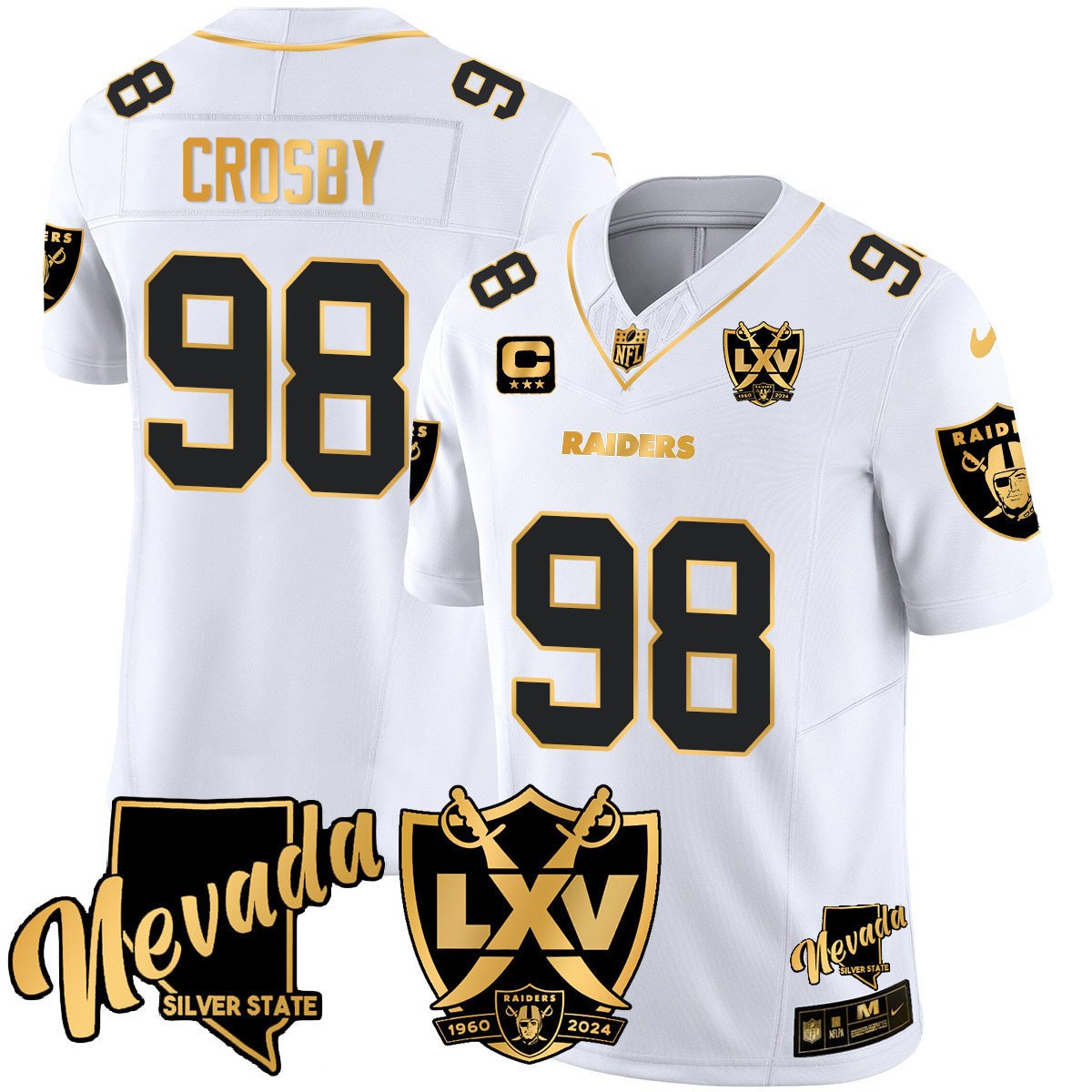 Men's Maxx Crosby Las Vegas Raiders 2024 Gold Vapor Limited White Gold Jersey - 65th Anniversary - All Stitched