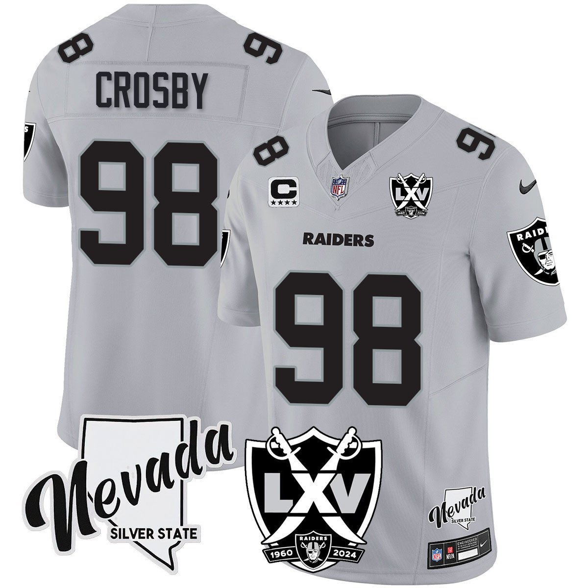Men's Maxx Crosby Las Vegas Raiders 2024 Vapor Limited Silver Jersey - 65th Anniversary - All Stitched