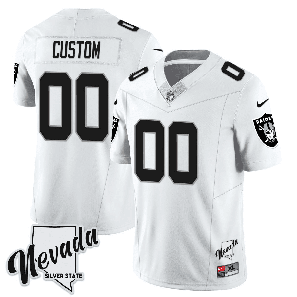 Men's Menâ€™s Las Vegas Raiders 2023 Nevada Silver State Patch Vapor Custom White Jersey â€“ All Stitched