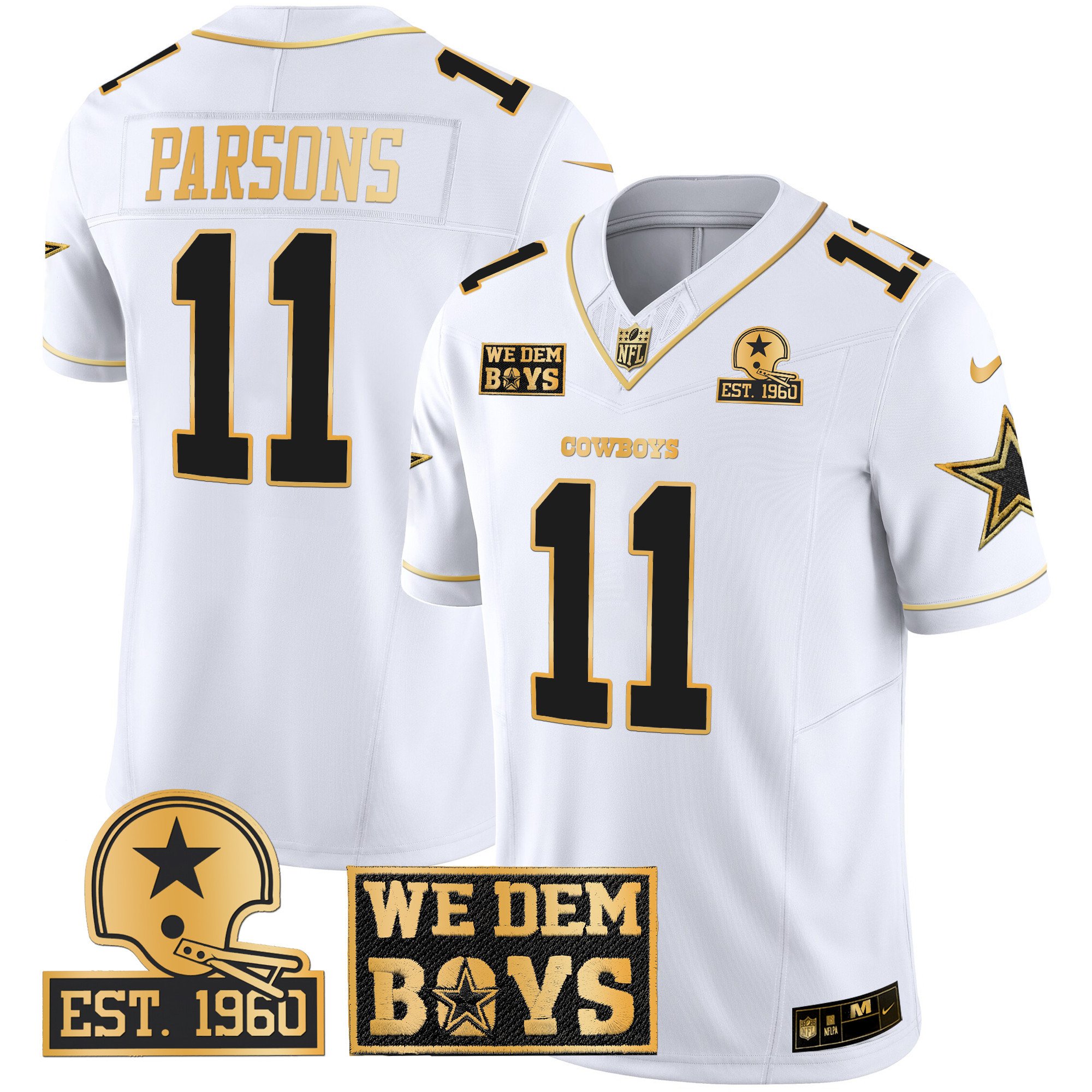 Men's Micah Parsons Dallas Cowboys Est. 1960 & We Dem Boyz Patch Gold Vapor Limited White Gold Jersey - All Stitched