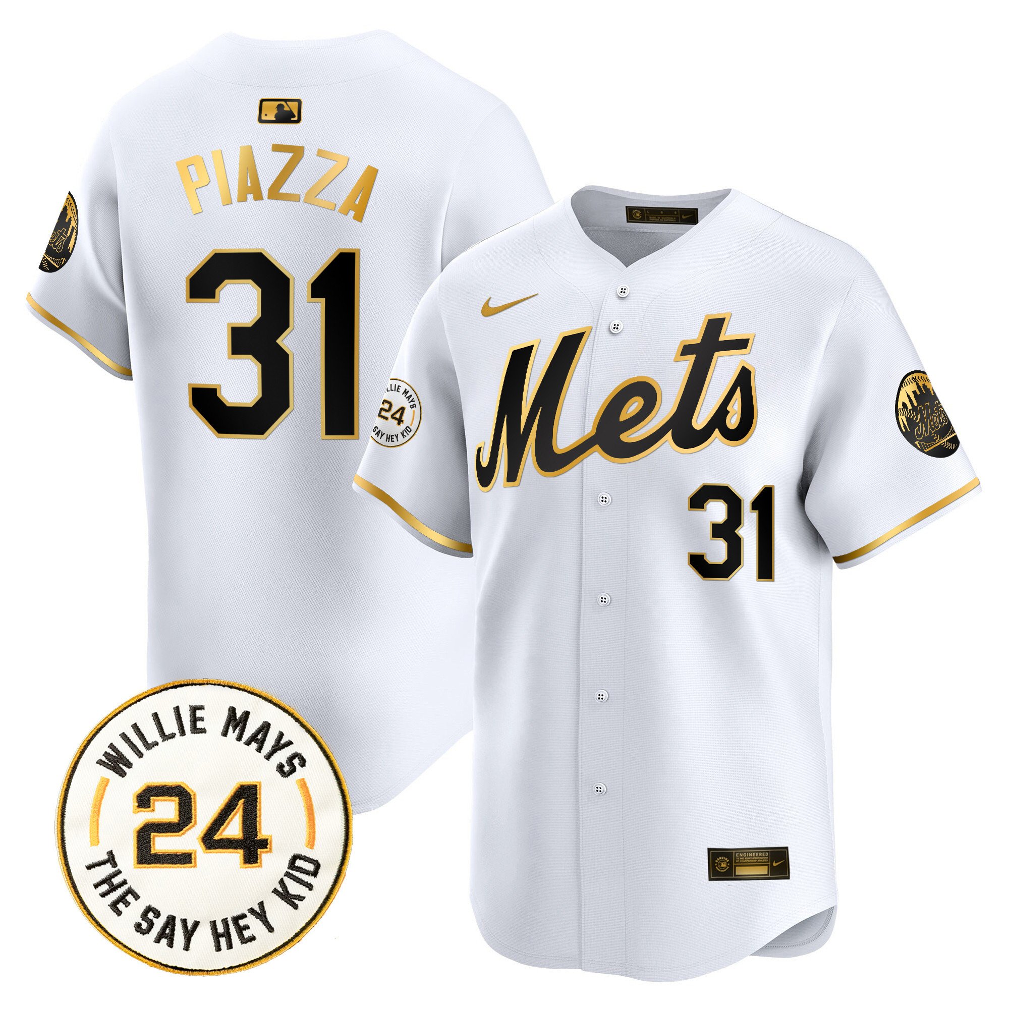 Men's Mike Piazza New York Mets Willie Mays Patch Vapor Premier Limited White Gold Jersey - All Stitched