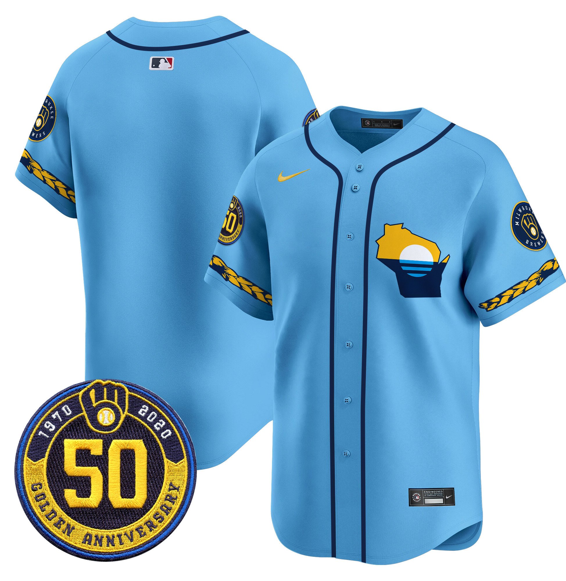 Men's Milwaukee Brewers Golden 50th Anniversary Patch Vapor Premier Limited Blue Jersey - All Stitched