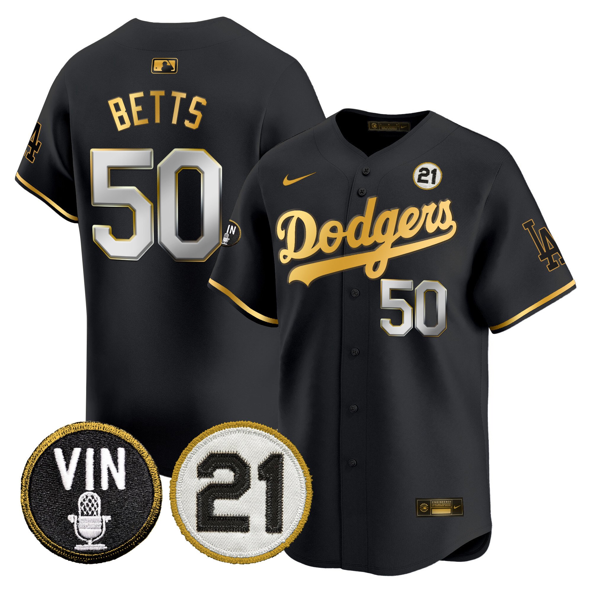 Men's Mookie Betts Los Angeles Dodgers Vin & Roberto Patch Gold Trim Vapor Premier Limited Black Gold Jersey - All Stitched