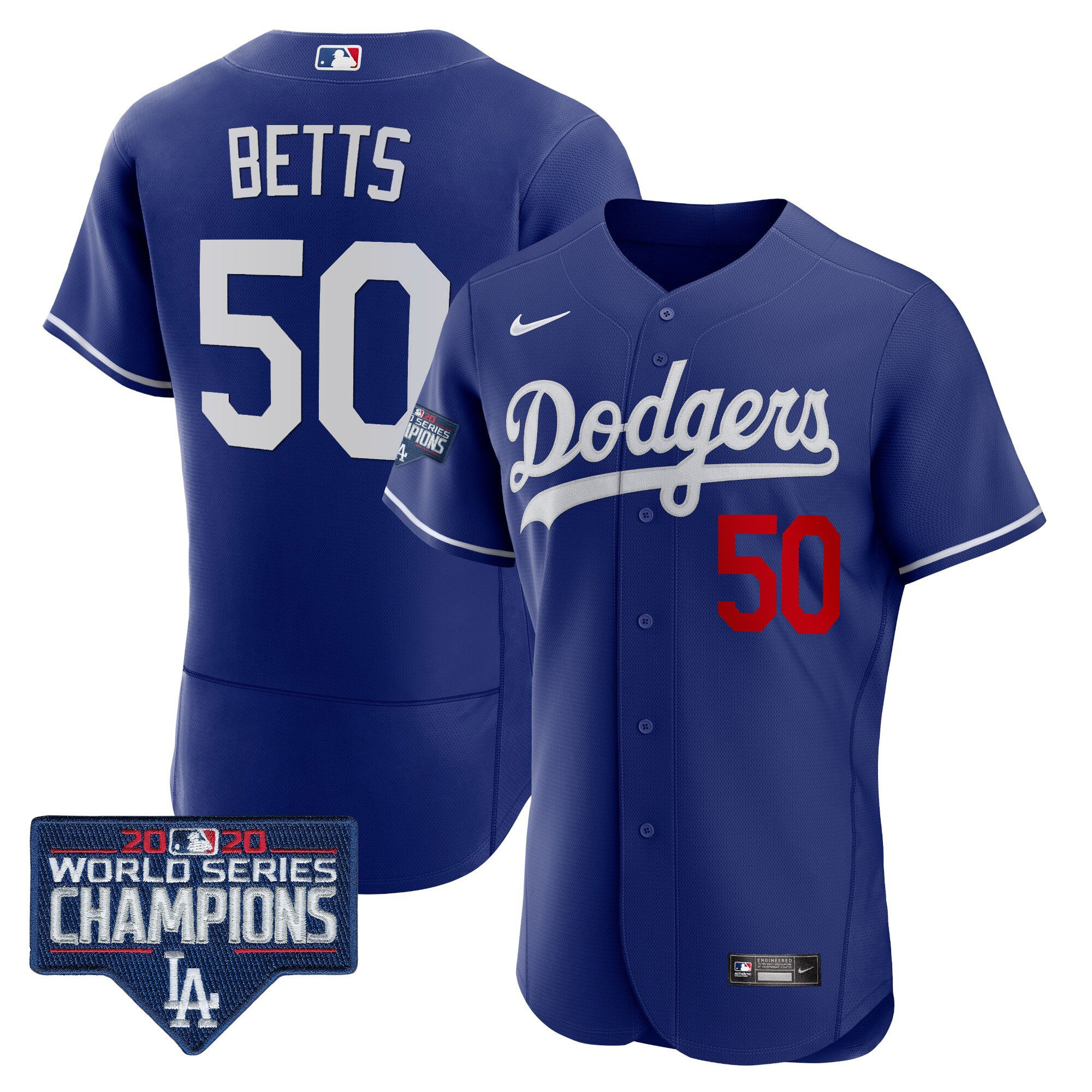 Men's Mookie Betts Los Angeles Dodgers World Series Champions Patch Flex Base Royal Jersey - All Stitched