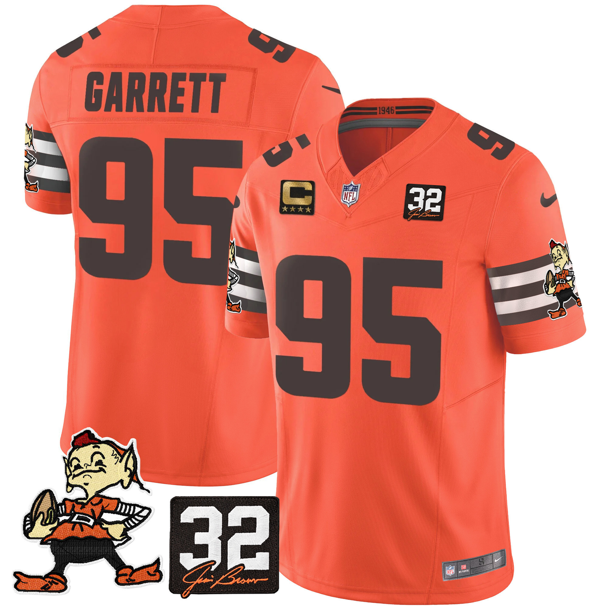 Men's Myles Garrett Cleveland Browns #32 Jim Brown Memorial Patch Vapor Limited Orange Jersey V2 - All Stitched