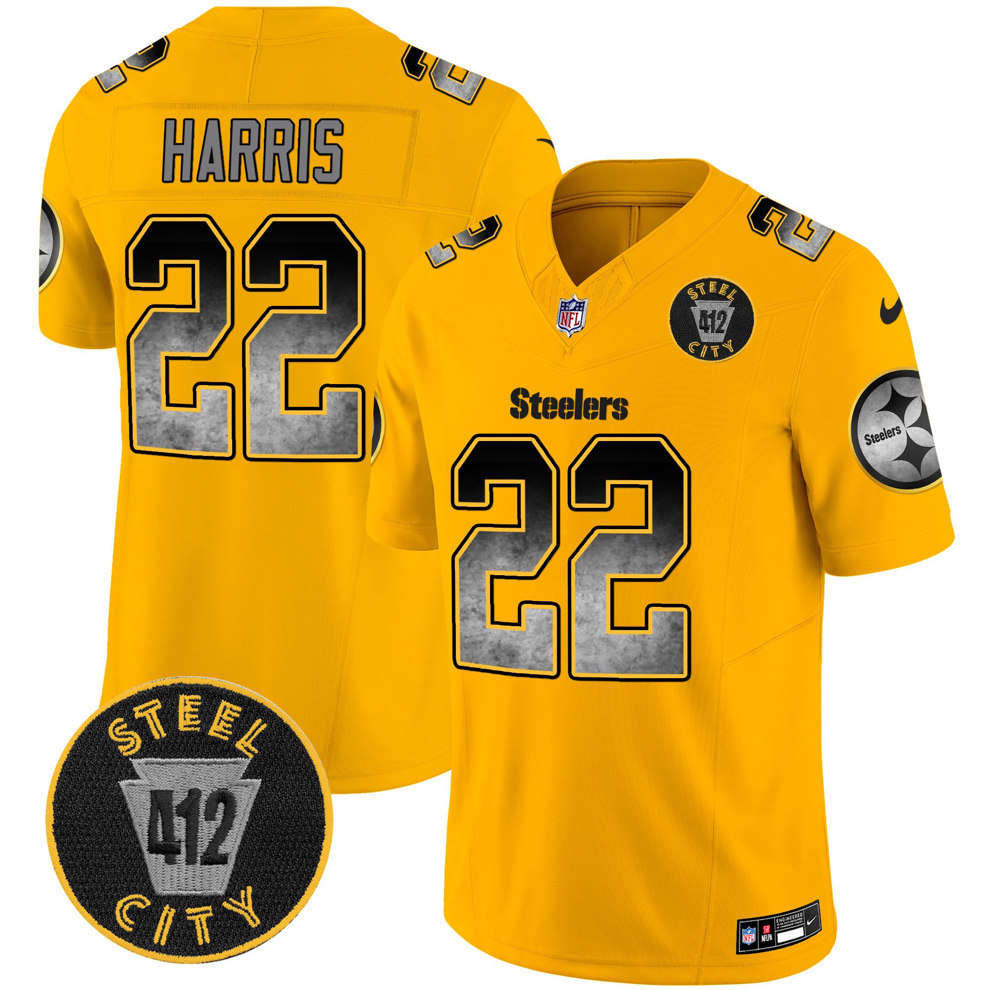 Men's Najee Harris Pittsburgh Steelers Arch Smoke 412 Patch Vapor Limited Gold Jersey - All Stitched