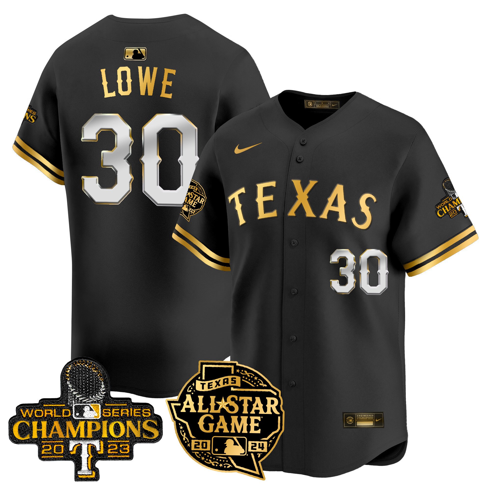 Men's Nathaniel Lowe Texas Rangers 2024 All Star Game Patch Vapor Premier Limited Black Gold Jersey - All Stitched