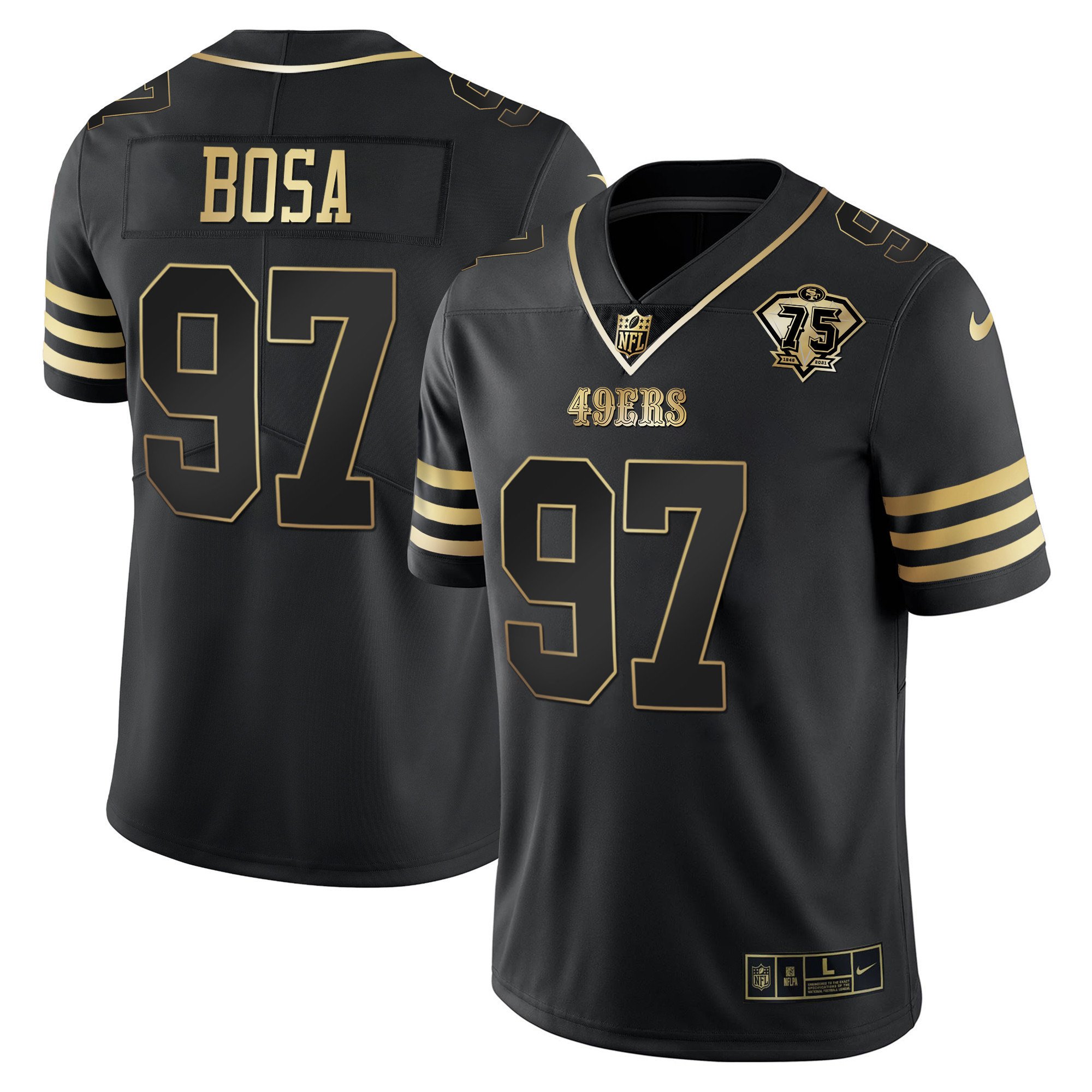 Men's Nick Bosa San Francisco 49ers 75th Anniversary Patch Vapor Gold Black Gold Jersey - All Stitched