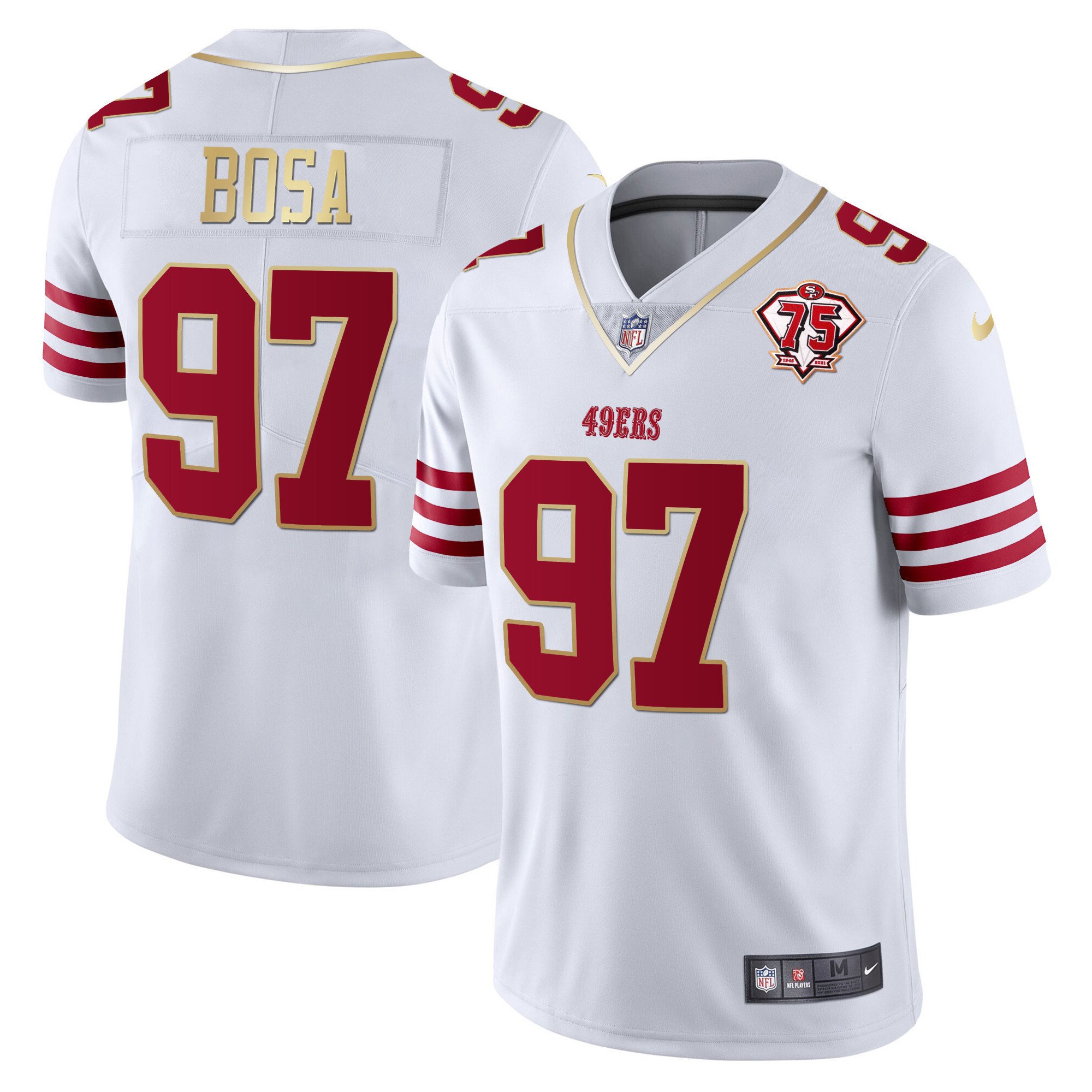 Men's Nick Bosa San Francisco 49ers 75th Anniversary Patch Vapor Gold Trim White Gold Jersey - All Stitched