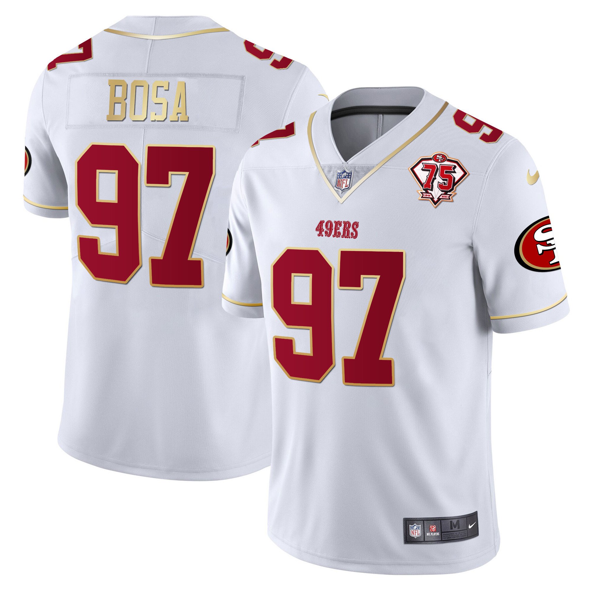 Men's Nick Bosa San Francisco 49ers 75th Anniversary Patch Vapor Gold Trim White Gold Jersey V2 - All Stitched