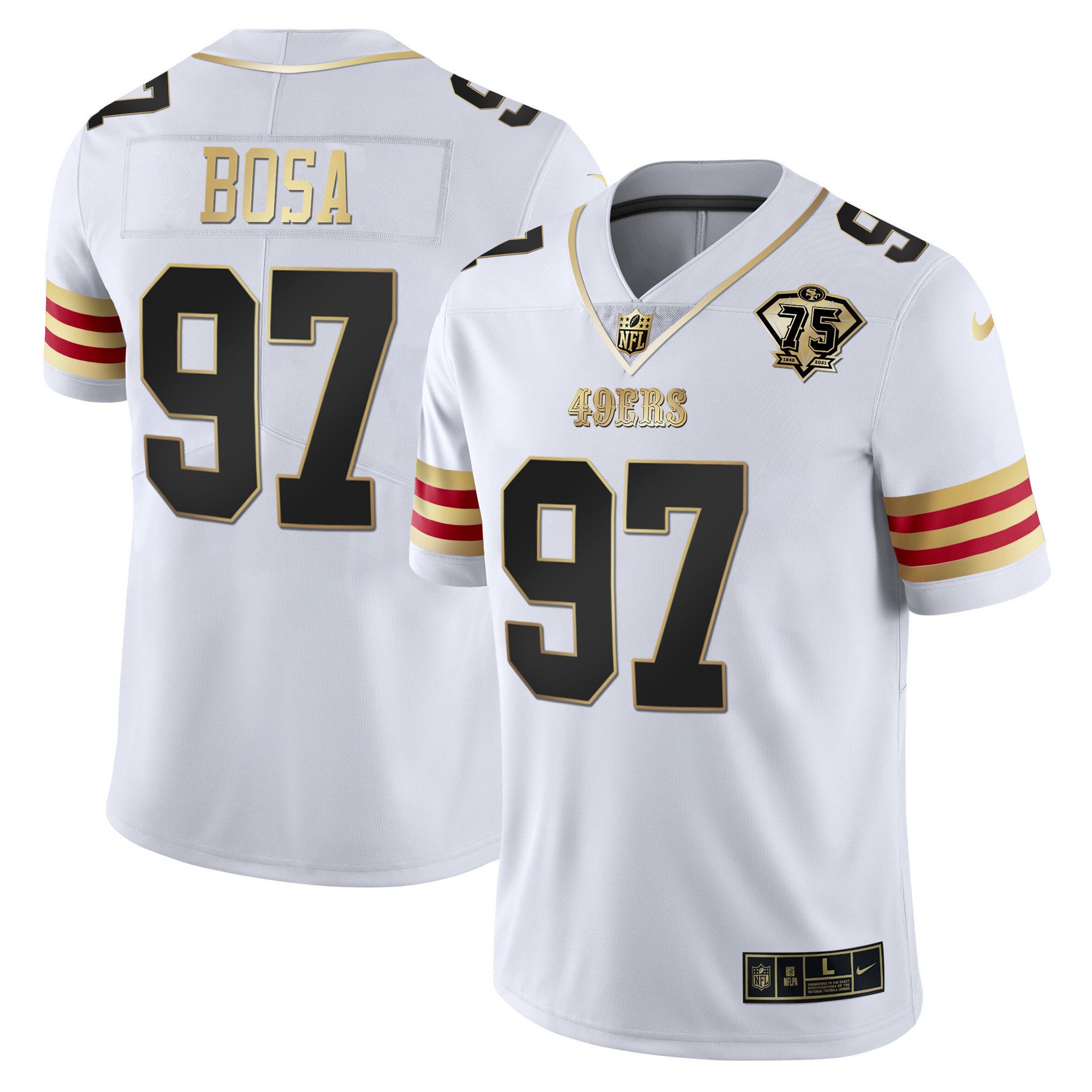 Men's Nick Bosa San Francisco 49ers 75th Anniversary Patch Vapor Gold White Gold Jersey V2 - All Stitched