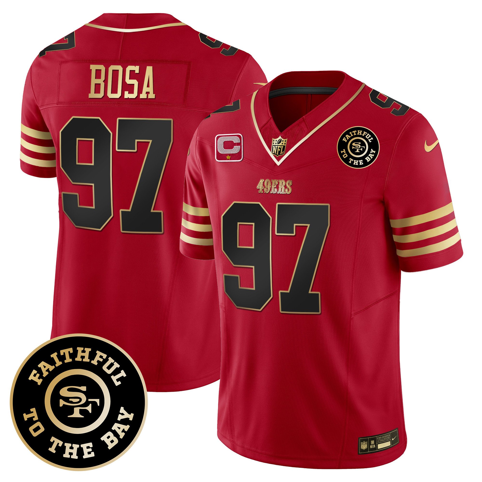 Men's Nick Bosa San Francisco 49ers Faithful To The Bay Patch Vapor Limited Black Scarlet Jersey V7 - All Stitched