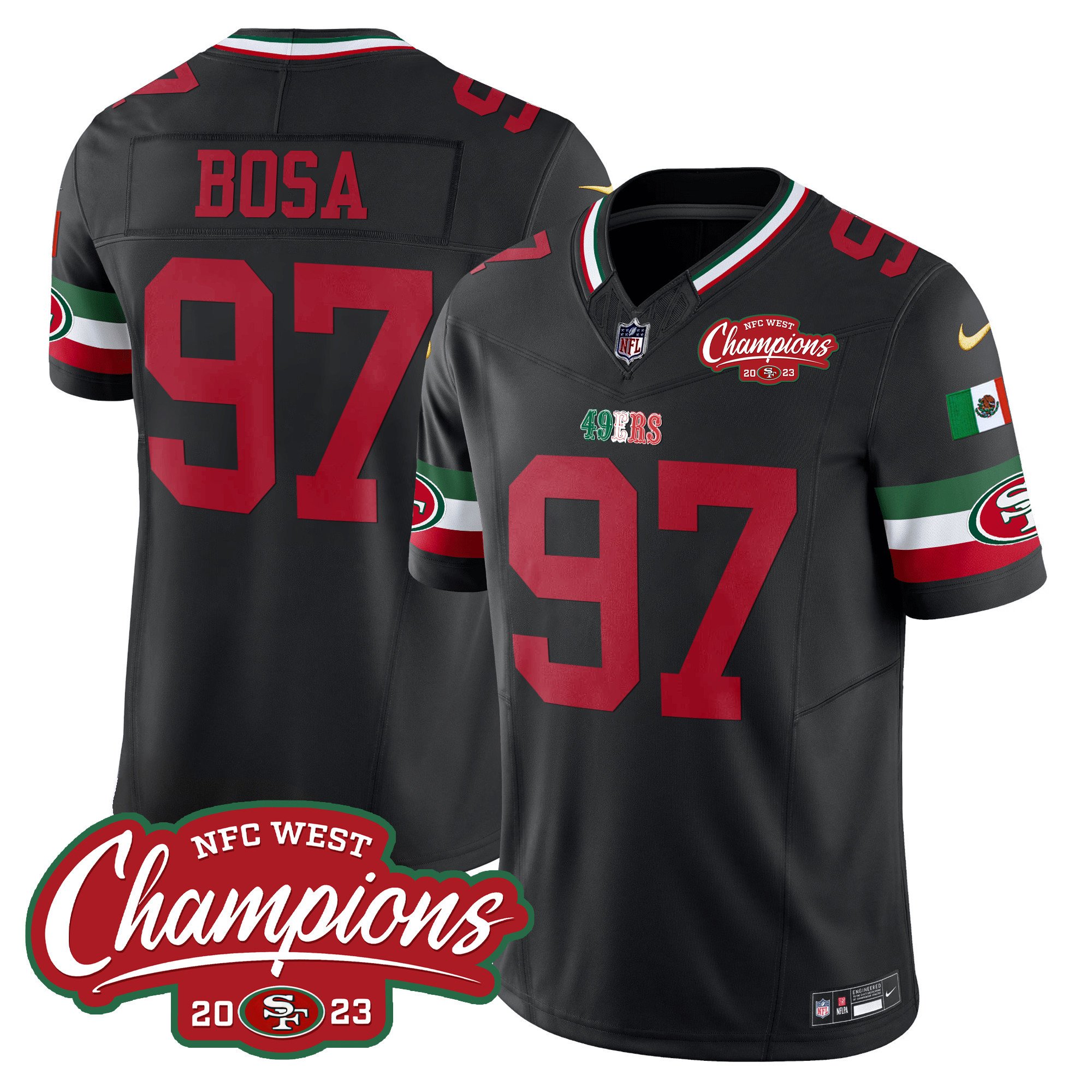 Men's Nick Bosa San Francisco 49ers Mexico 2023 NFC West Champions Patch Vapor Black Jersey - All Stitched