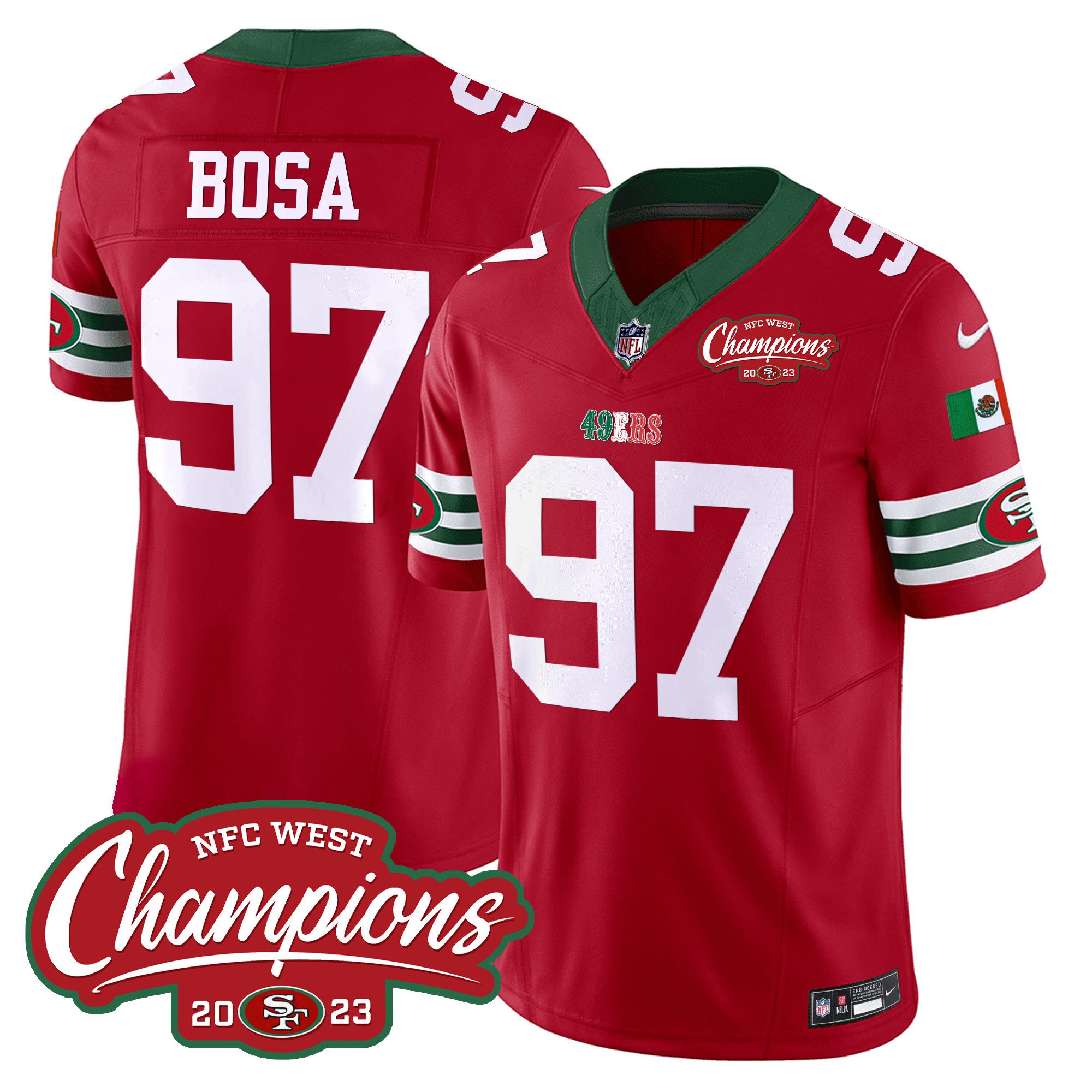 Men's Nick Bosa San Francisco 49ers Mexico 2023 NFC West Champions Patch Vapor Red Jersey - All Stitched