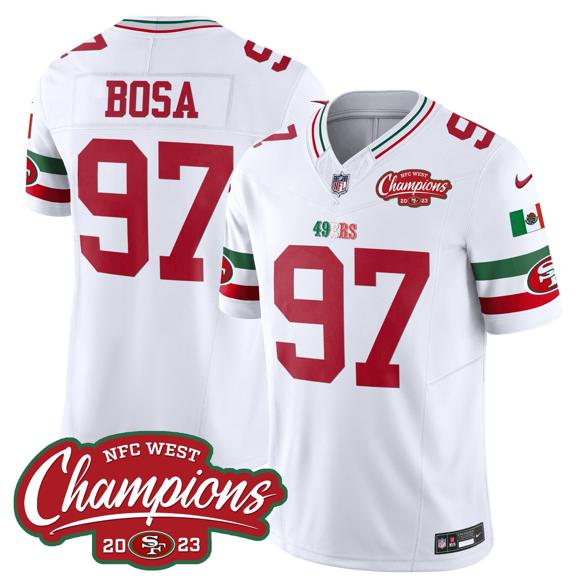 Men's Nick Bosa San Francisco 49ers Mexico 2023 NFC West Champions Patch Vapor White Jersey - All Stitched