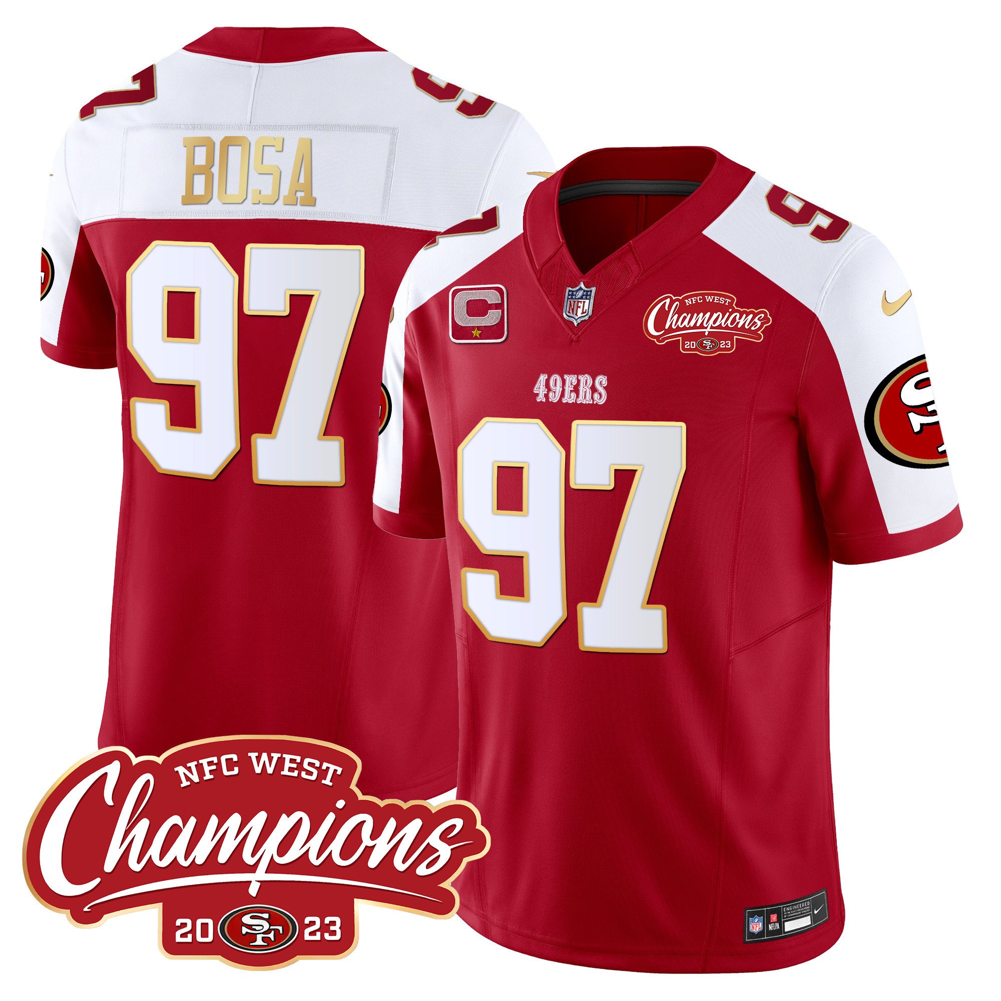 Men's Nick Bosa San Francisco 49ers NFC West Champions Gold Trim Vapor Red Alternate Jersey - All Stitched