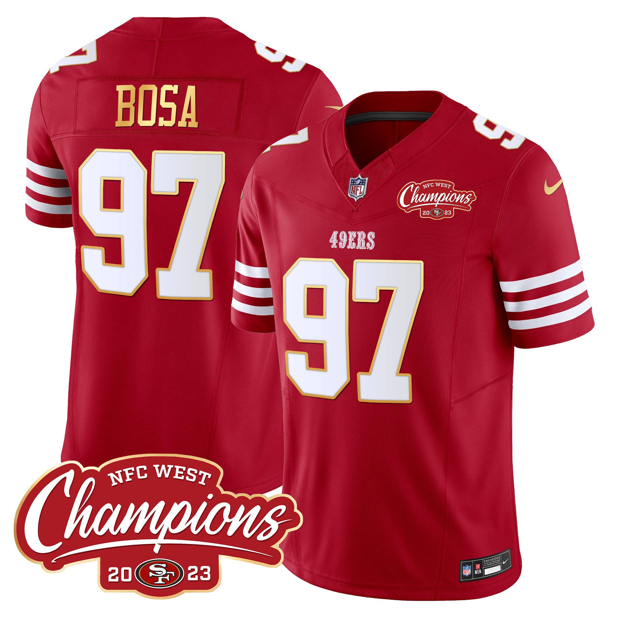 Men's Nick Bosa San Francisco 49ers NFC West Champions Gold Trim Vapor Red Jersey - All Stitched