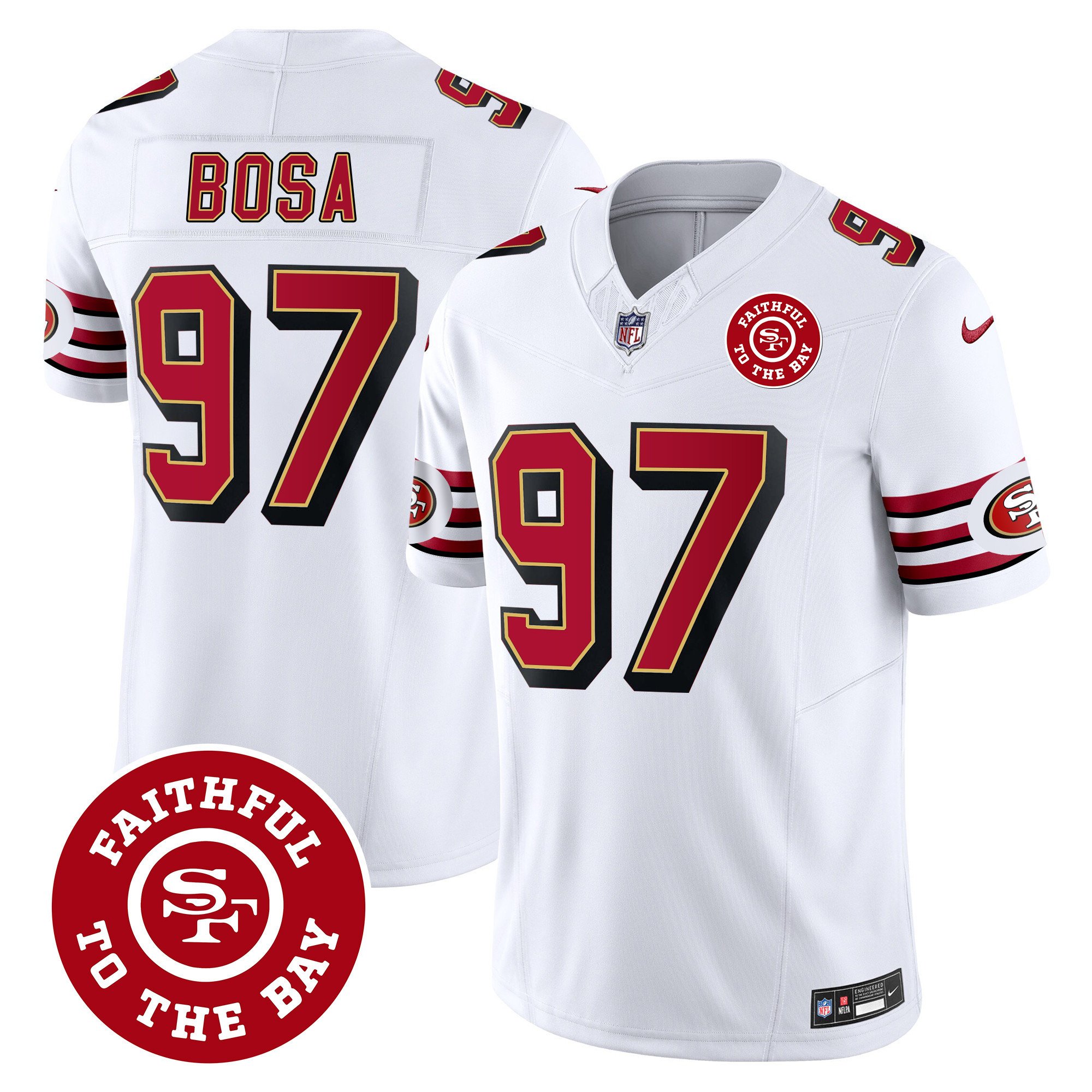 Men's Nick Bosa San Francisco 49ers Throwback Faithful To The Bay Patch Vapor Limited White Jersey - All Stitched