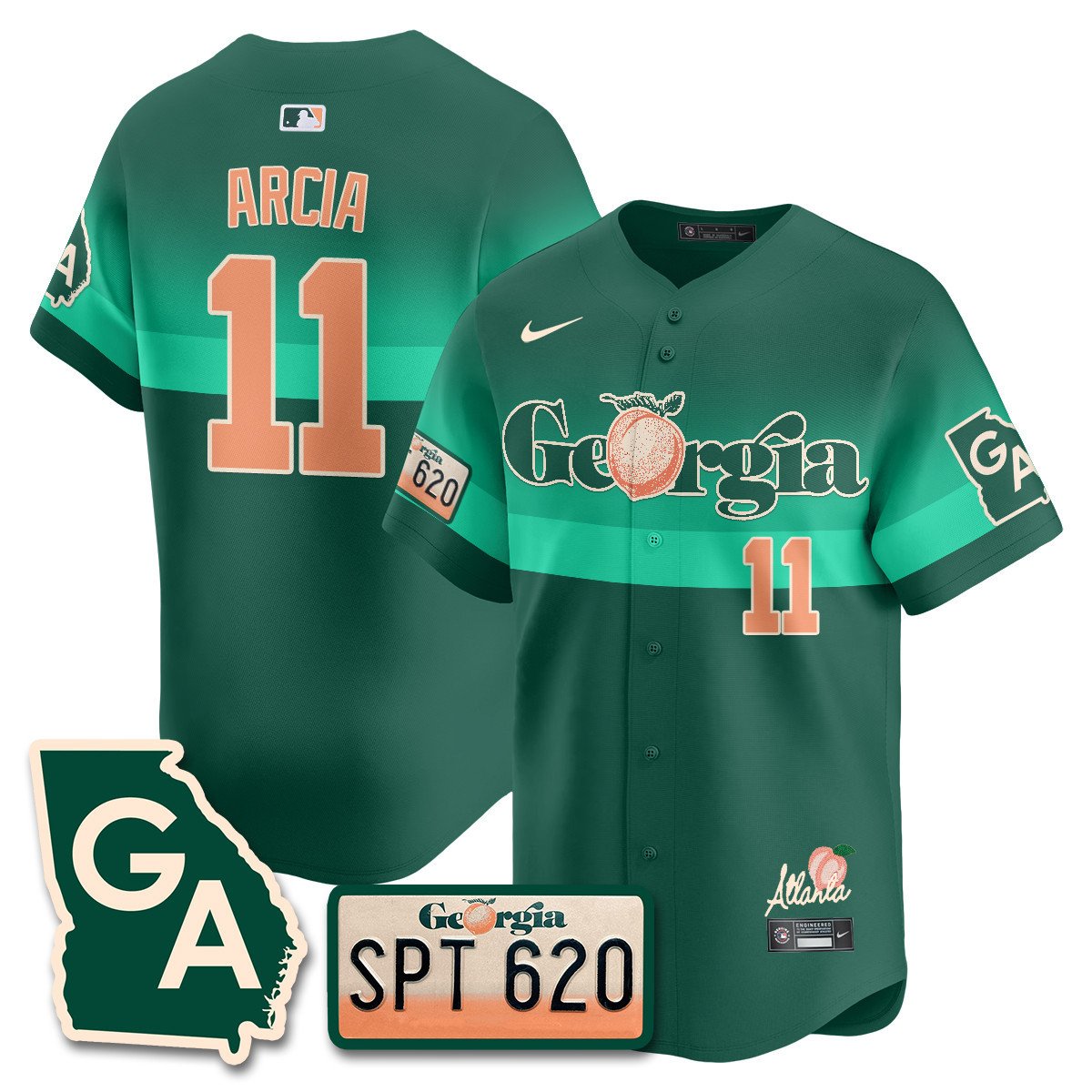 Men's Orlando Arcia Atlanta Braves Peach Plates - Georgia Peaches Vapor Premier Limited Green Jersey - Printed
