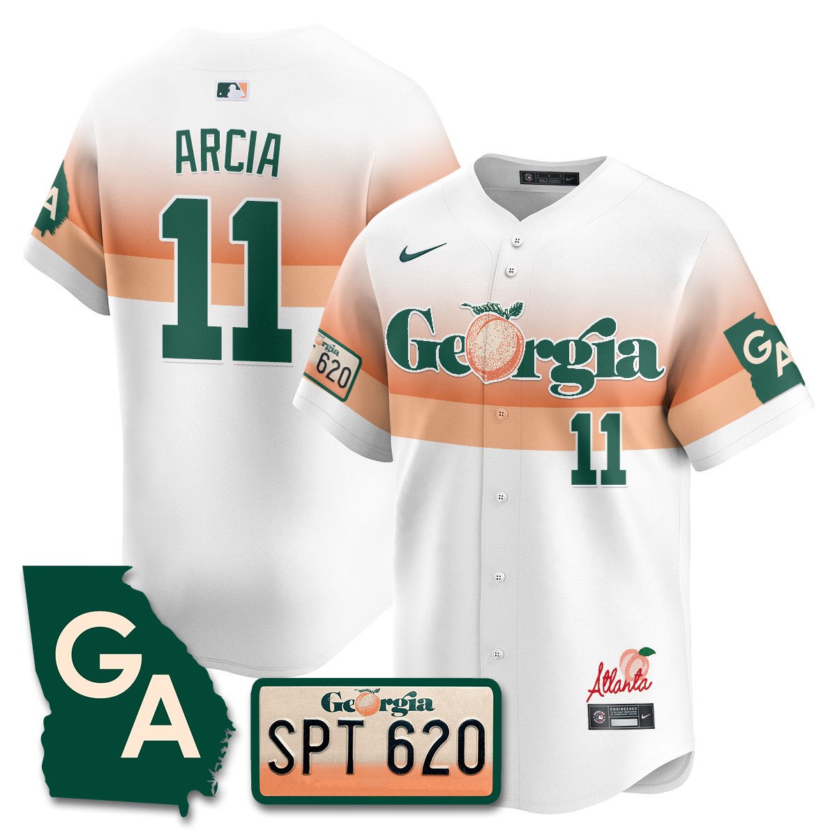Men's Orlando Arcia Atlanta Braves Peach Plates - Georgia Peaches Vapor Premier Limited White Jersey - Printed