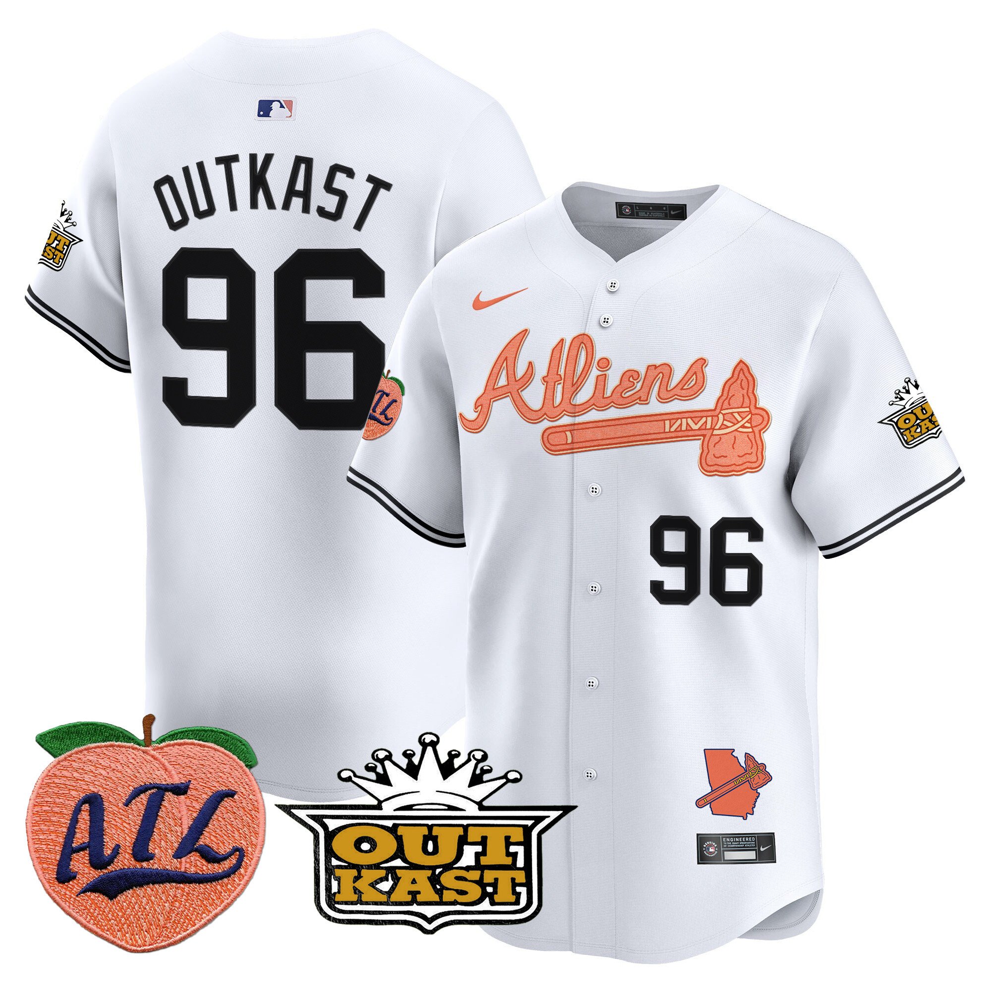 Men's Outkast Atlanta Braves Atliens & Peach Vapor Premier Limited White Jersey - All Stitched