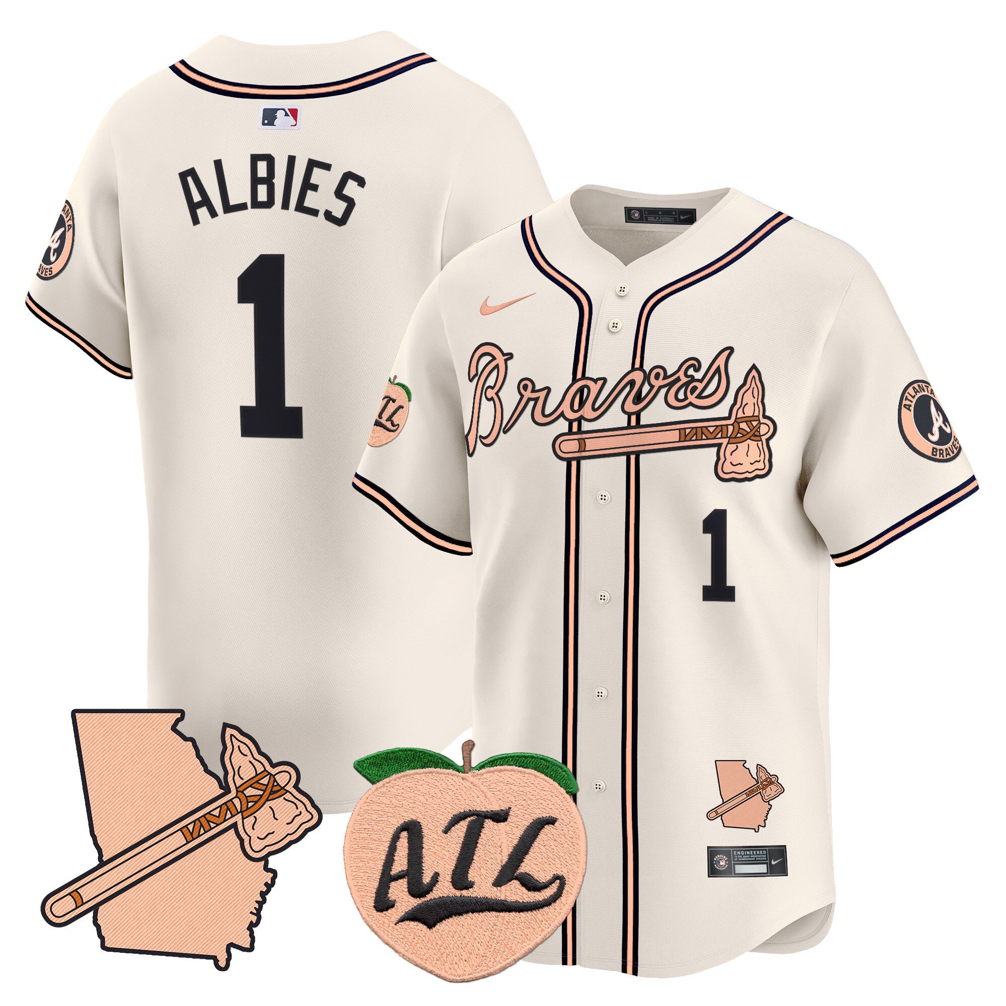 Men's Ozzie Albies Atlanta Braves Peach Vapor Premier Limited Cream Jersey - All Stitched