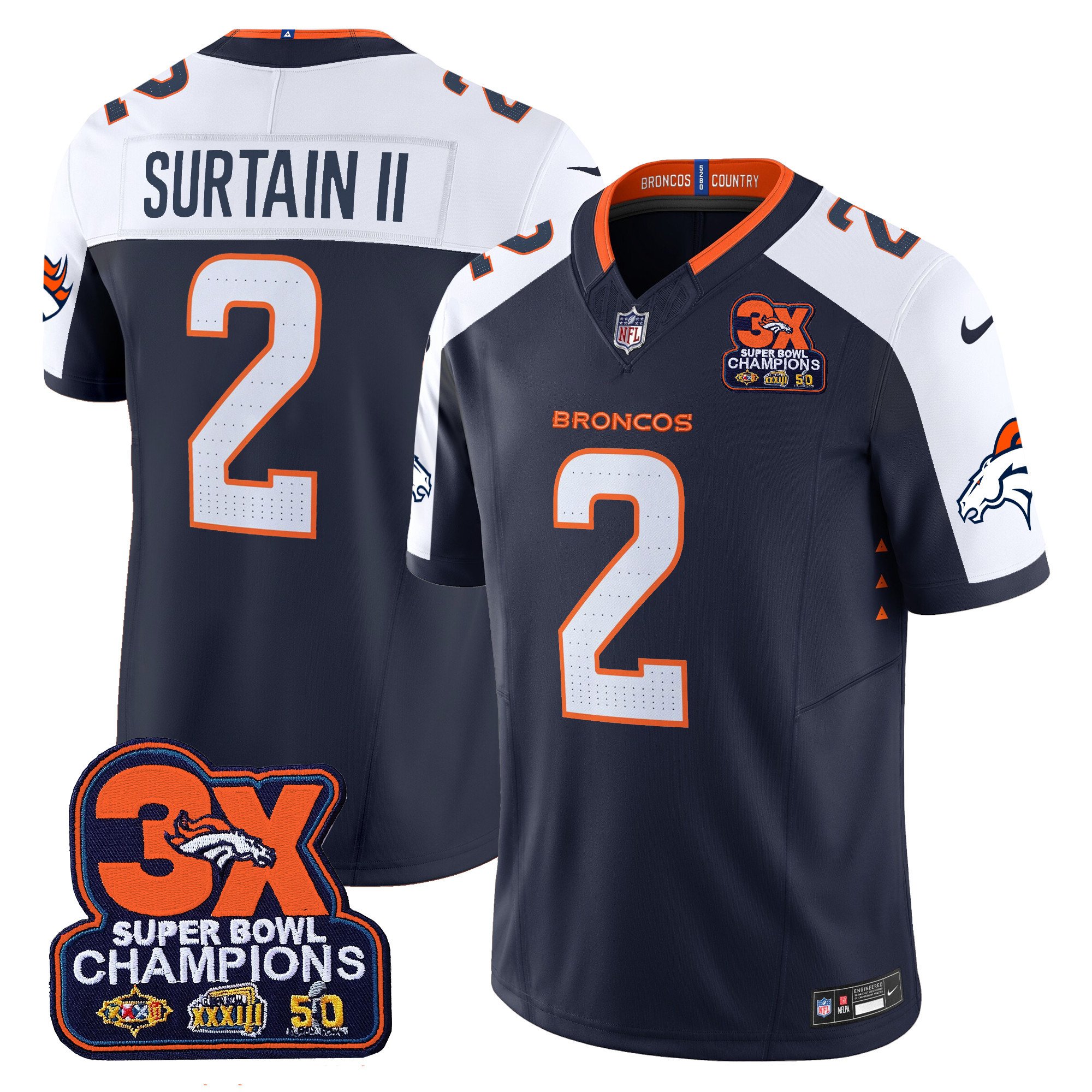 Men's Patrick Surtain II Denver Broncos 3-Time Champions Patch Vapor Limited Navy Alternate Jersey - All Stitched