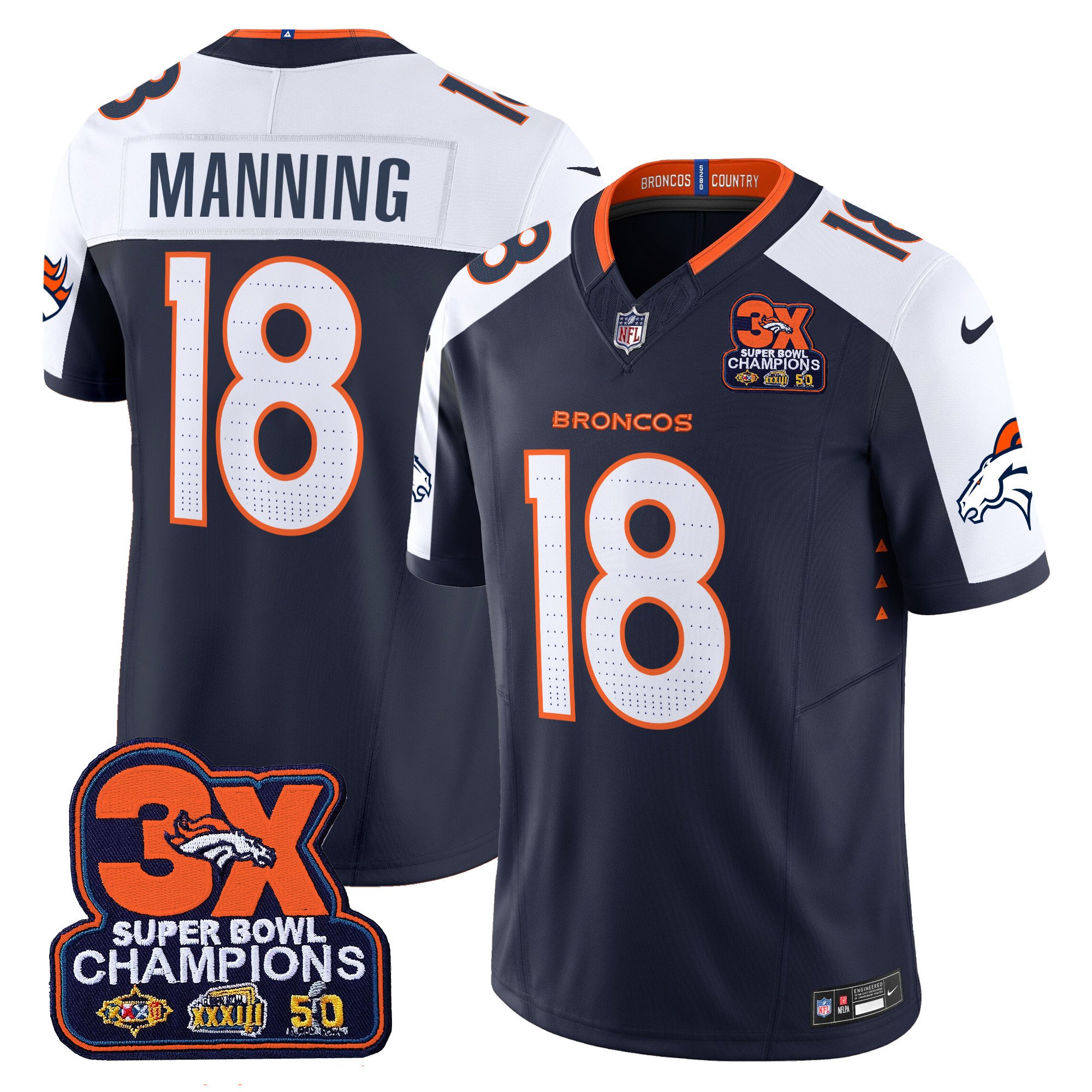 Men's Peyton Manning Denver Broncos 3-Time Champions Patch Vapor Limited Navy Alternate Jersey - All Stitched