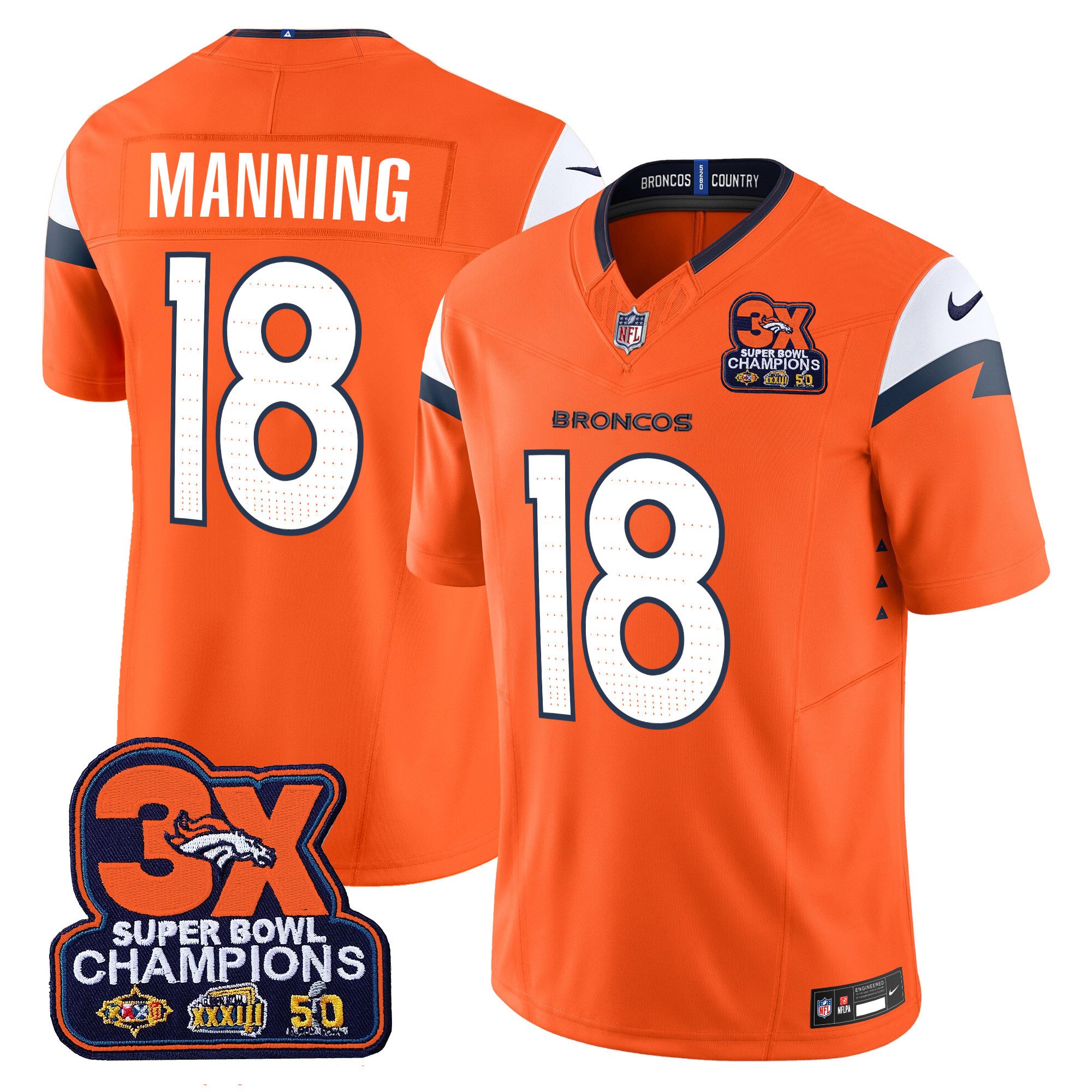 Men's Peyton Manning Denver Broncos 3-Time Champions Patch Vapor Limited Orange Jersey - All Stitched
