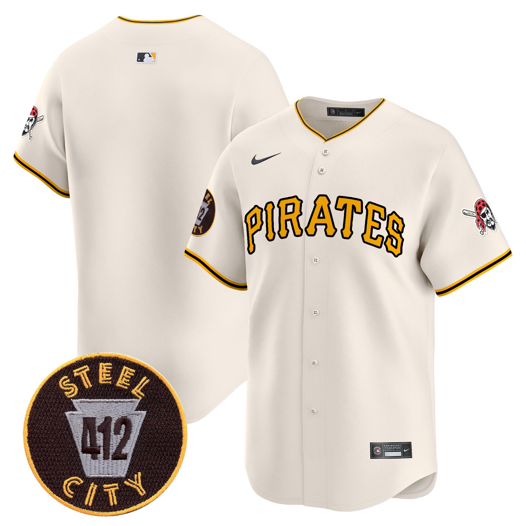 Men's Pittsburgh Pirates 412 Patch Vapor Premier Limited Cream Jersey V3 - All Stitched