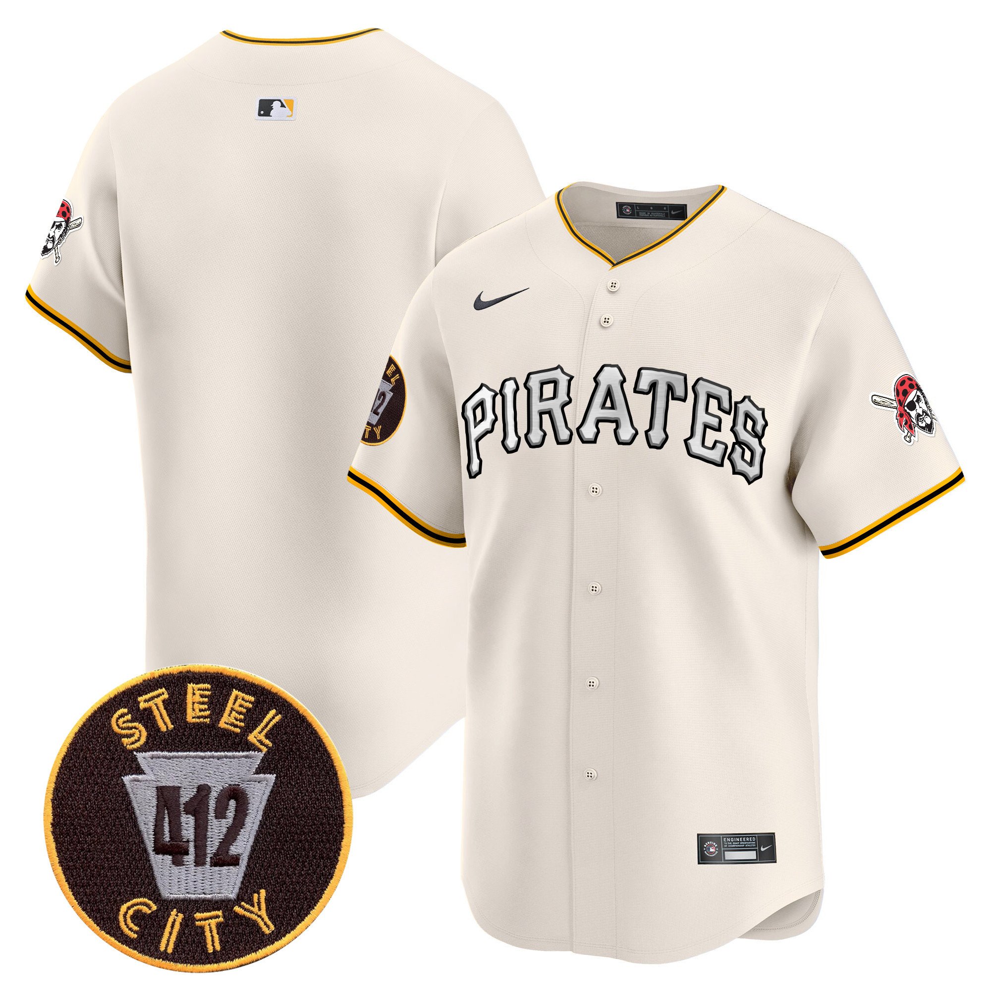 Men's Pittsburgh Pirates 412 Patch Vapor Premier Limited Cream Jersey V6 - All Stitched